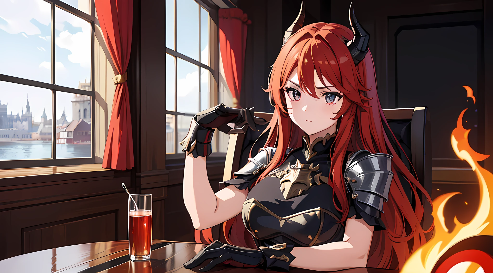 1 girl, demon horns, knight outfit, (red hair, long hair, beautiful eyes finely detailed), knight armored, normal breast, lay on chair (full body:0.8), high-resolution