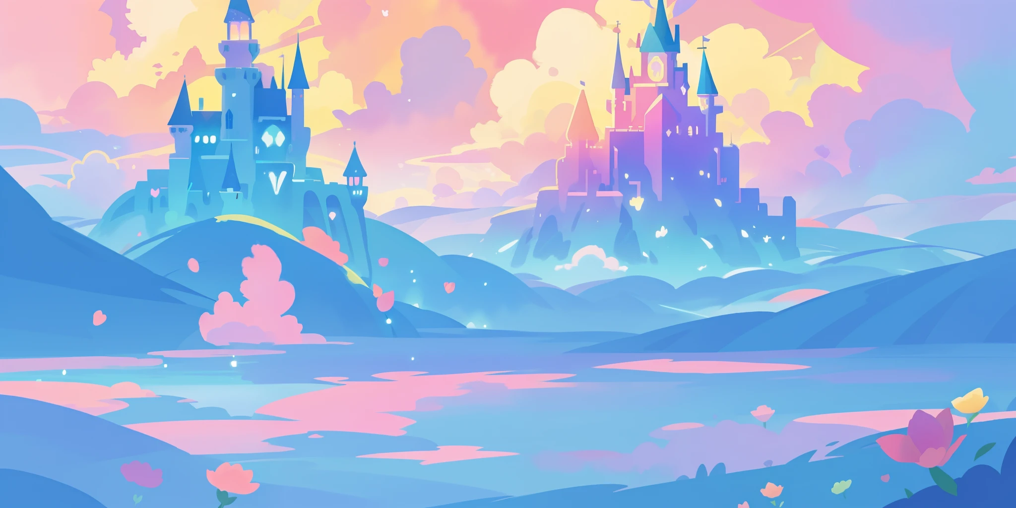 beautiful fantasy landscape, vibrant colors, (((otherworldly landscape))), whimsical landscape, cloud castle, huge clouds, ocean of clouds, watercolor illustration, disney art style, glowing lights, beautiful digital illustration, fantasia otherworldly landscape plants flowers, beautiful, masterpiece, best quality, anime disney style