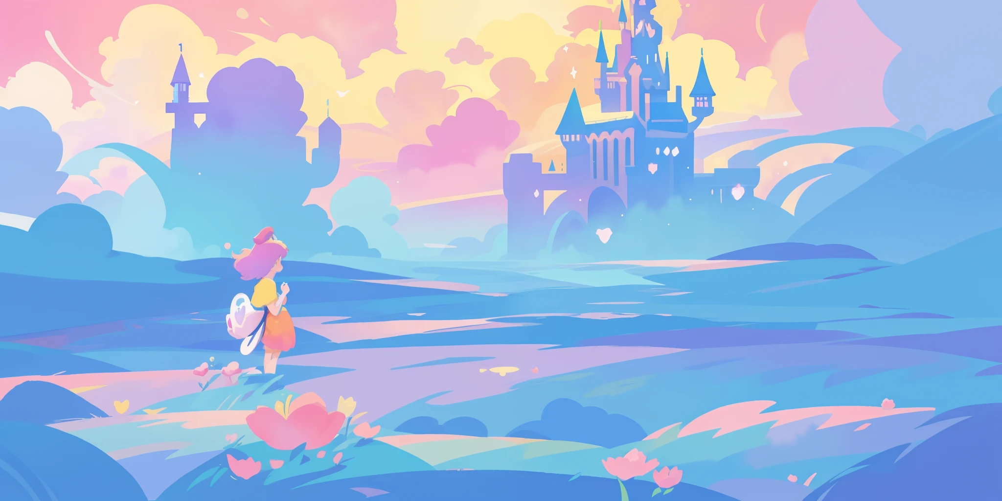 beautiful fantasy landscape, vibrant colors, (((otherworldly landscape))), whimsical landscape, cloud castle, huge clouds, ocean of clouds, watercolor illustration, disney art style, glowing lights, beautiful digital illustration, fantasia otherworldly landscape plants flowers, beautiful, masterpiece, best quality, anime disney style
