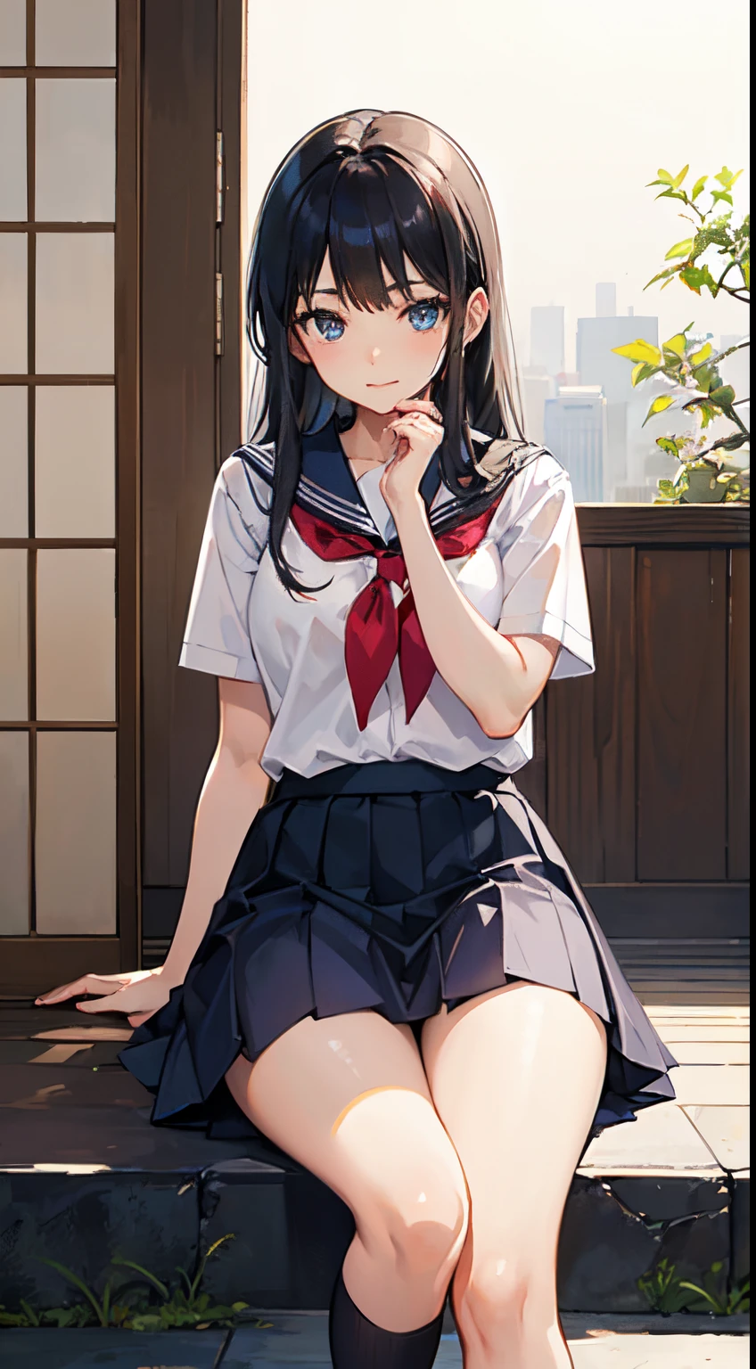 Arab asian woman sitting on stairs with hands on chin, Realistic Young Gravure Idol, a hyperrealistic schoolgirl, Young Pretty Gravure Idol, Young Gravure Idol, Cute Schoolgirl, a hyperrealistic schoolgirl, Young skinny gravure idol, Young Sensual Gravure Idol, japanese girl school uniform, beautiful anime high school girl, Japan school uniform、((top-quality)), ((​masterpiece)), (detaileds),