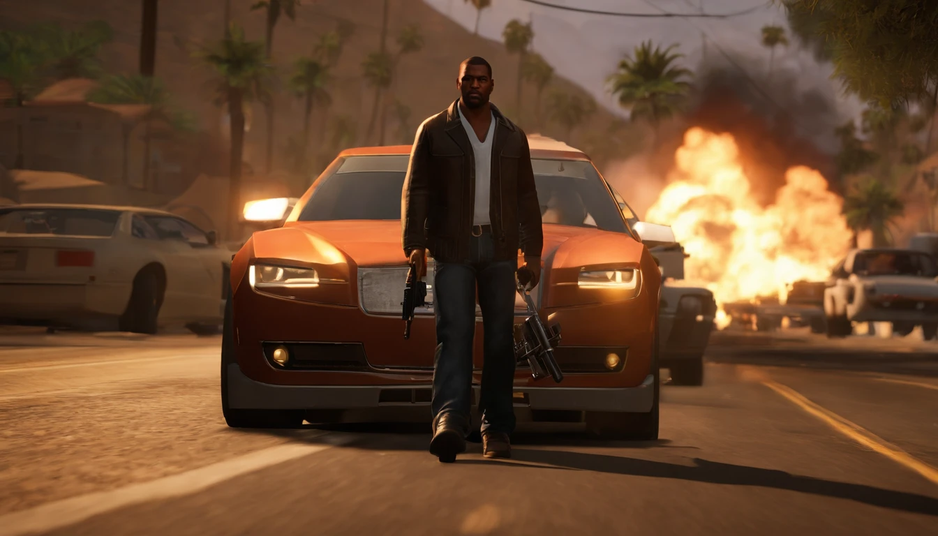 "Craft an intensely detailed prompt envisioning CJ from Grand Theft Auto: San Andreas as a remastered character in a thrilling and explosive scenario in the upcoming game. Depict CJ with remastered graphics, showcasing intricate details in his appearance and attire. Place him in the midst of a chaotic and violent scene, surrounded by explosions that illuminate the environment. Capture the intense action with meticulous detail, from the fiery blasts to the dynamic reactions on CJ's face. Infuse the scene with a sense of urgency and danger, ensuring that the remastered character seamlessly integrates into the high-stakes atmosphere. Create a visually striking and immersive prompt that teems with the energy and excitement of the Grand Theft Auto series."