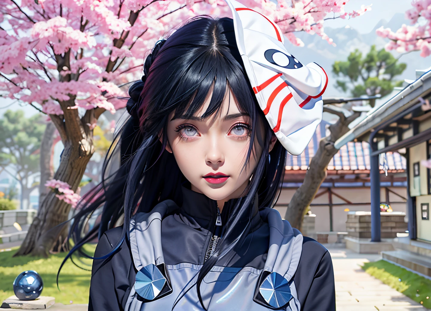 a close up of a person with long hair and a hoodie, hinata hyuga, hinata hyuga from naruto, from naruto, as an anime character, perfect anime face, she has dark blue hair with bangs, female anime character, anime character, anime best girl, hime cut hairstyle, dark blue hair, (red glossy lips:1.3), light purple eyes, big breasts, realistic, ultra detail, indoor background