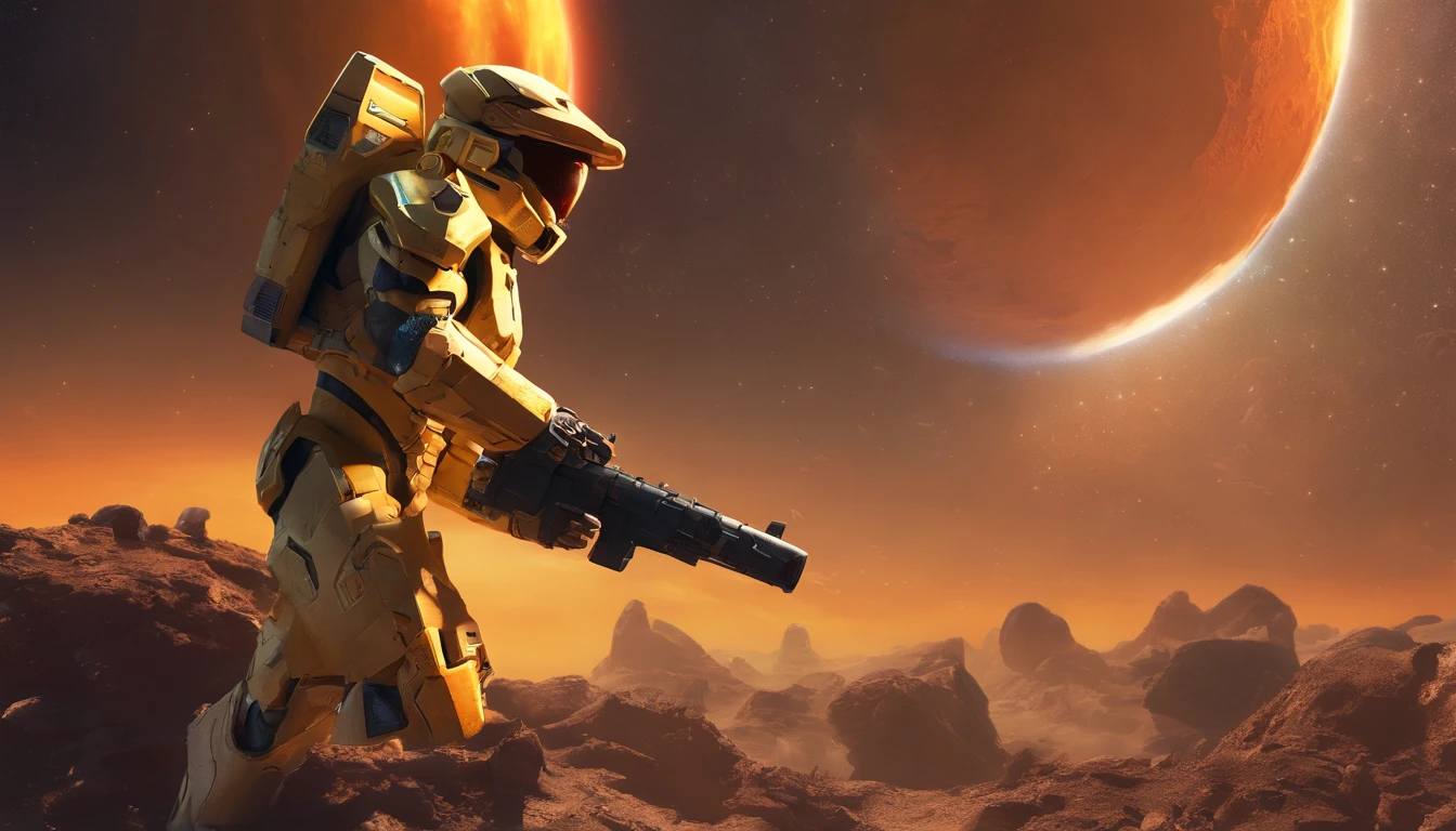 "Generate a highly detailed and dynamic image featuring Master Chief from Halo walking on the moon's surface. Envision him with accurate proportions, exuding an air of strength and determination. Depict the lunar landscape with meticulous detail, showcasing large explosions of dust and moon rock in the background, emphasizing the harsh, rugged terrain. Infuse the scene with micro-details, capturing the intricacies of Master Chief's armor, the lunar surface, and the billowing dust clouds. Craft an image that conveys both the grandeur of space exploration and the intense action of a battle on the moon, creating a visually stunning and immersive portrayal."