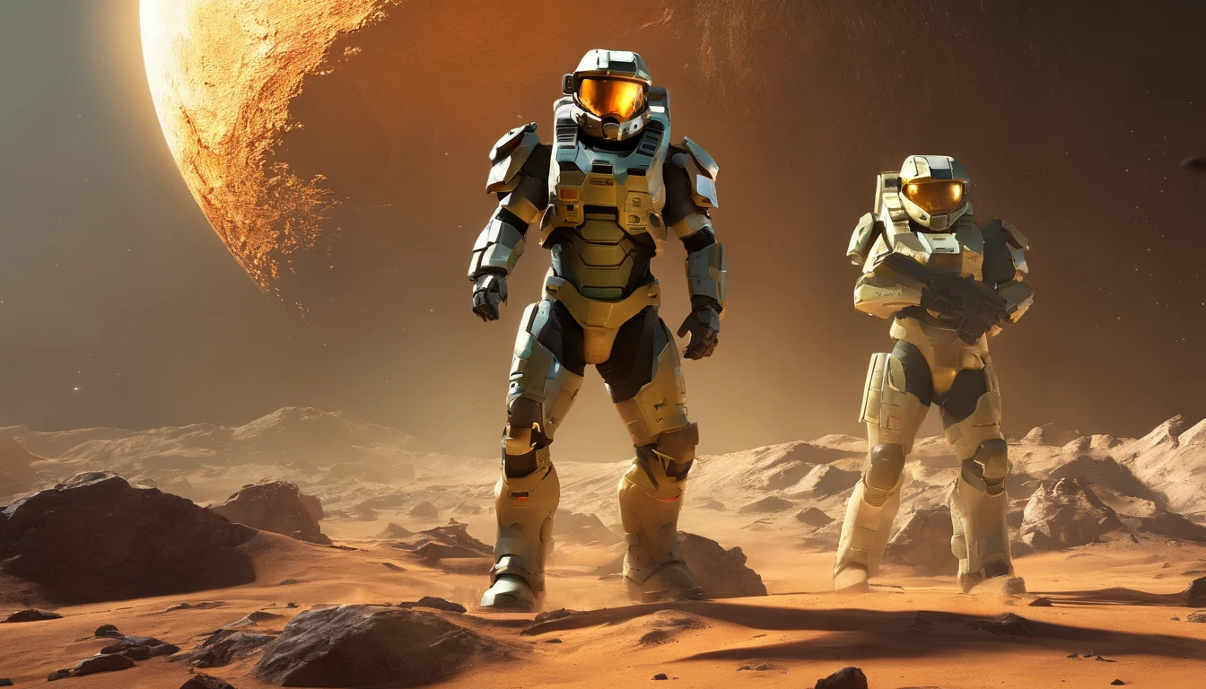 "Generate a highly detailed and dynamic image featuring Master Chief from Halo walking on the moon's surface. Envision him with accurate proportions, exuding an air of strength and determination. Depict the lunar landscape with meticulous detail, showcasing large explosions of dust and moon rock in the background, emphasizing the harsh, rugged terrain. Infuse the scene with micro-details, capturing the intricacies of Master Chief's armor, the lunar surface, and the billowing dust clouds. Craft an image that conveys both the grandeur of space exploration and the intense action of a battle on the moon, creating a visually stunning and immersive portrayal."