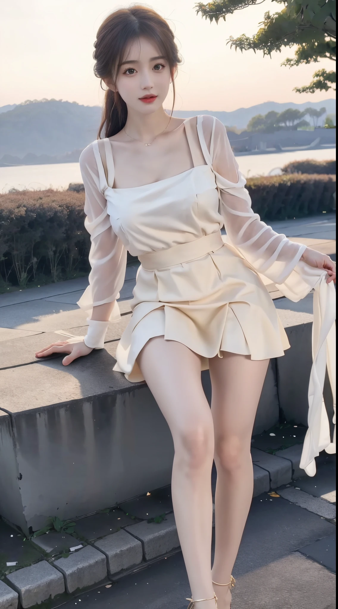 in focus, Full Body Photo (FLS), FHD, 1080P, 2K, 4K, 8K, Mind-bSoft illuminationlowing Details, Unfathomable, Leica camera, Full Length Shot (FLS), cute, Golden Ratio, Soft illumination, absorbing. Super detailed, extremely detailed, beautiful and meticulous girl, 1 girl, (perfect female figure), full body, chiffon shirt, short skirt, long legs, no breasts.