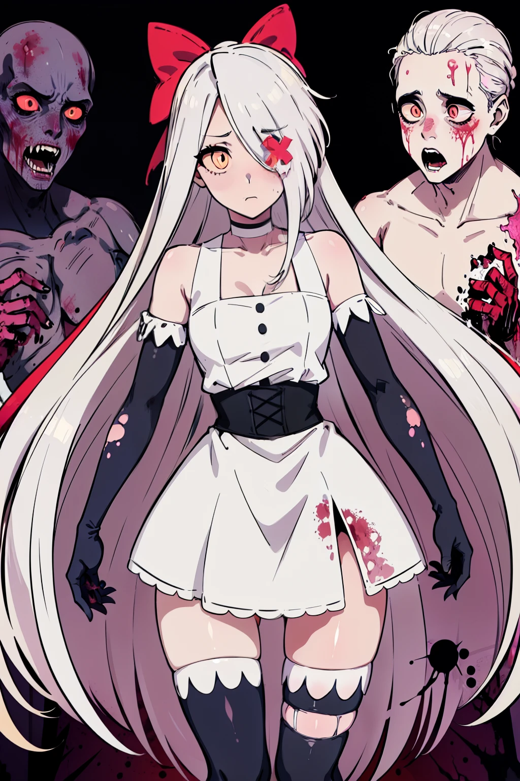Vaggie, 1girl, gray skin, white hair, pink sclera, yellow pupils, long hair, white dress, pink and white striped stockings, hair bow, black ribbon on waist, long gloves, perfect anatomy, solo, zombies, ((multiple boys)), ((crowd)), glowing eyes, undead, ((horror)), blood, zombie apocalypse, ruined city