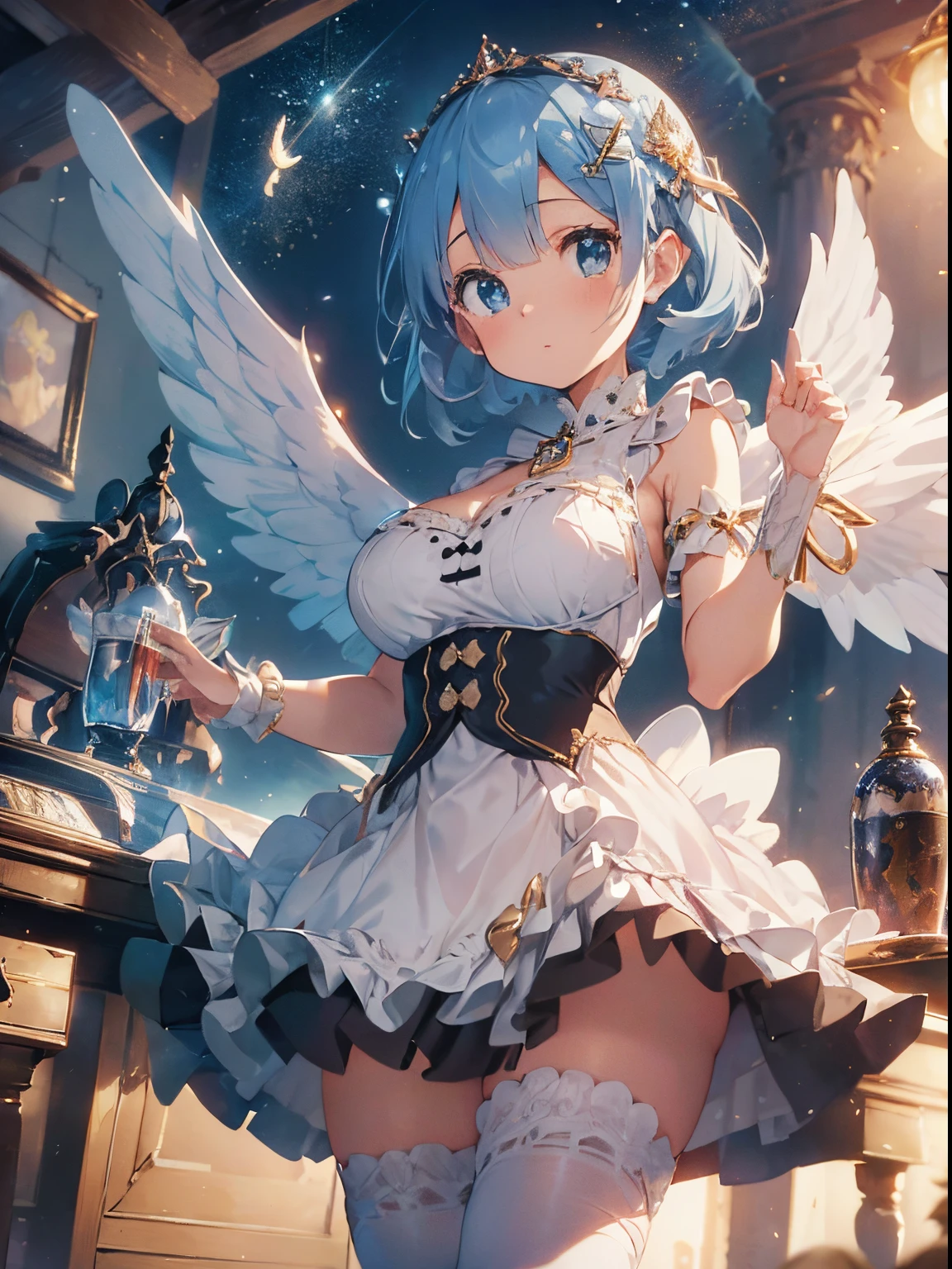 Ultra-realistic photo of a girl in a majestic white and golden ball gown dress, Big beautiful dress, Complex puffy ball gown with lots of frills and rhinestones (Best Quality, masutepiece, ((Angel wings:1.2))。 art stations, Fantasy Art:1.2), Palace rooms, Beautiful cute girl, Rem of Rezero、(Blue shorthair:1.3), Bangs hide one eye、(Complex short gold skirt, Bare legs:1.2,White knee-high socks、thighs thighs thighs thighs、very Bigger breasts、cleavage of the breast、Full body shot)、Standing figure、Photograph the entire body