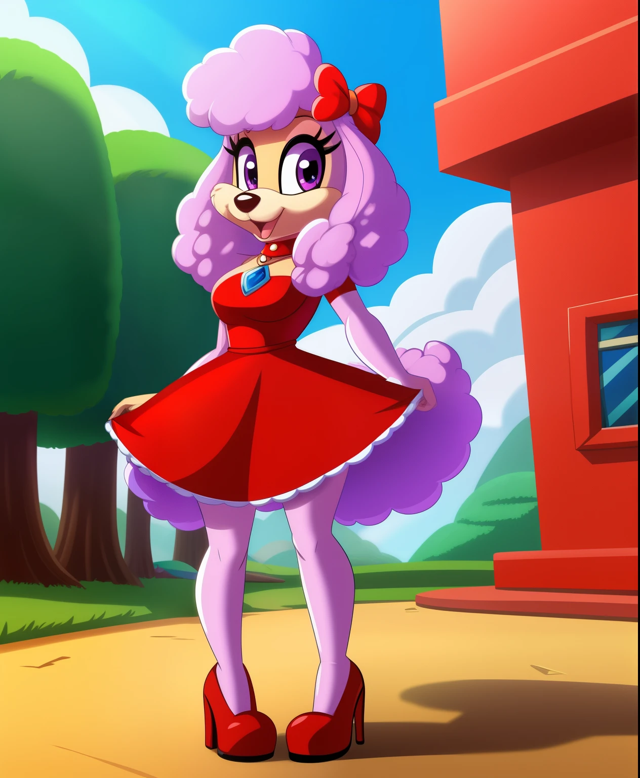 Heidi the female poodle, scarlet dress, tiny toons style, violet eyes, full body view