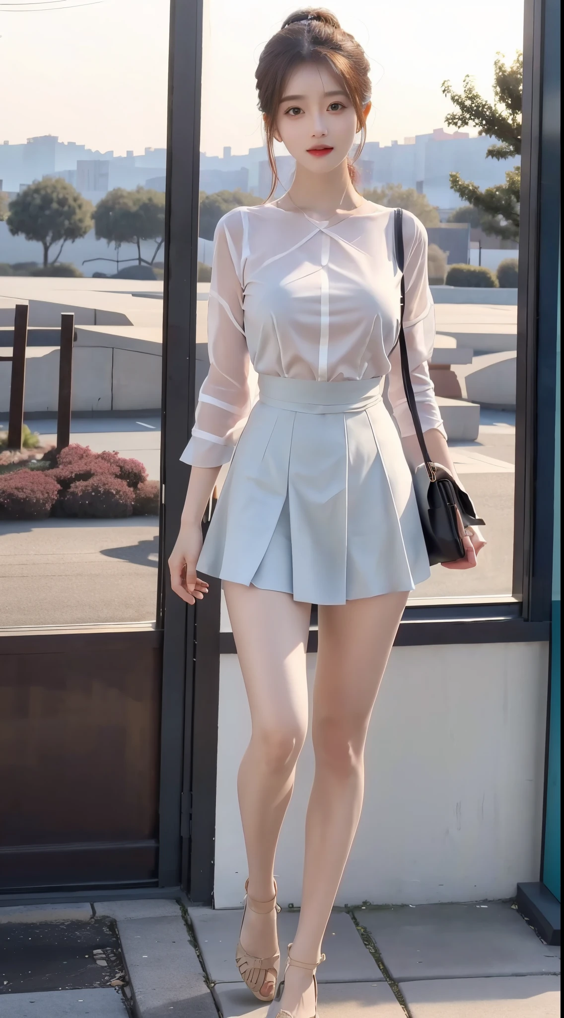 in focus, Full Body Photo (FLS), FHD, 1080P, 2K, 4K, 8K, Mind-bSoft illuminationlowing Details, Unfathomable, Leica camera, Full Length Shot (FLS), cute, Golden Ratio, Soft illumination, absorbing. Super detailed, extremely detailed, beautiful and meticulous girl, 1 girl, (perfect female figure), full body, chiffon shirt, short skirt, long legs, no breasts.