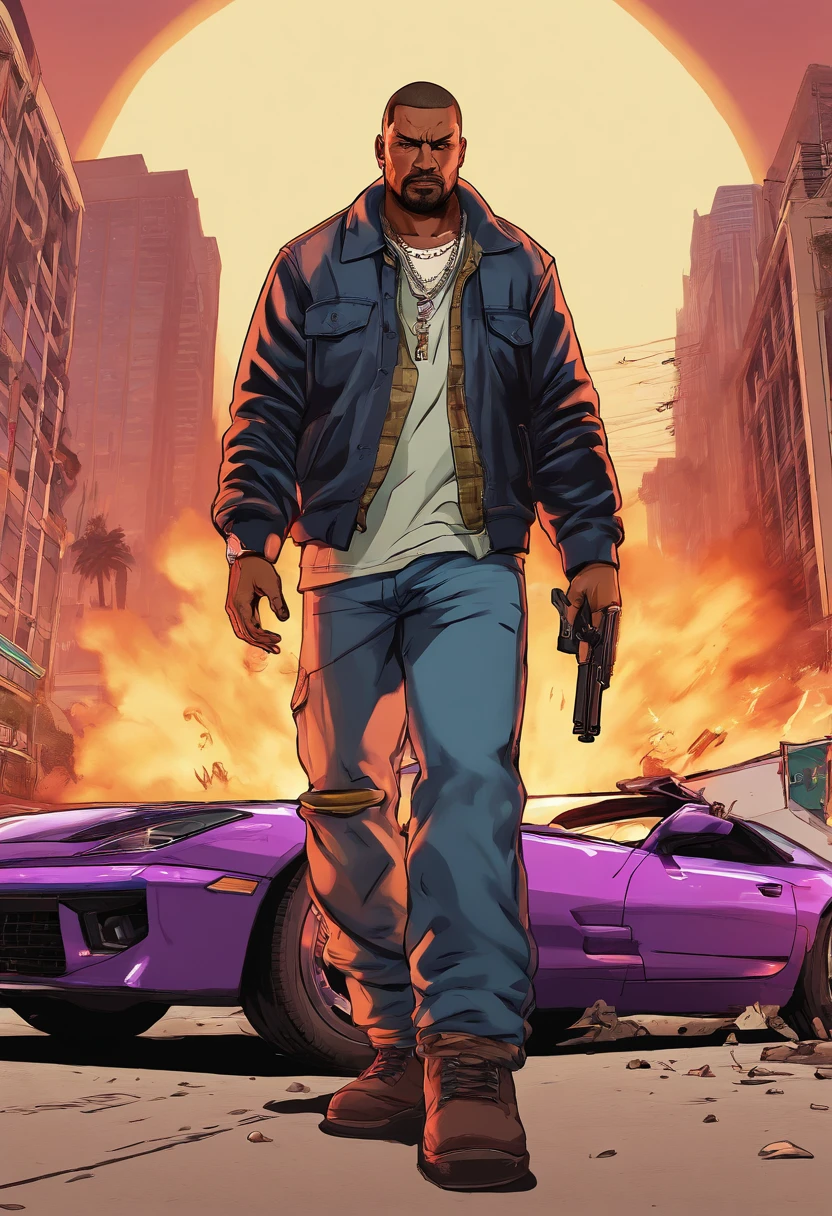 "Craft an intensely detailed prompt envisioning CJ from Grand Theft Auto: San Andreas as a remastered character in a thrilling and explosive scenario in the upcoming game. Depict CJ with remastered graphics, showcasing intricate details in his appearance and attire. Place him in the midst of a chaotic and violent scene, surrounded by explosions that illuminate the environment. Capture the intense action with meticulous detail, from the fiery blasts to the dynamic reactions on CJ's face. Infuse the scene with a sense of urgency and danger, ensuring that the remastered character seamlessly integrates into the high-stakes atmosphere. Create a visually striking and immersive prompt that teems with the energy and excitement of the Grand Theft Auto series."