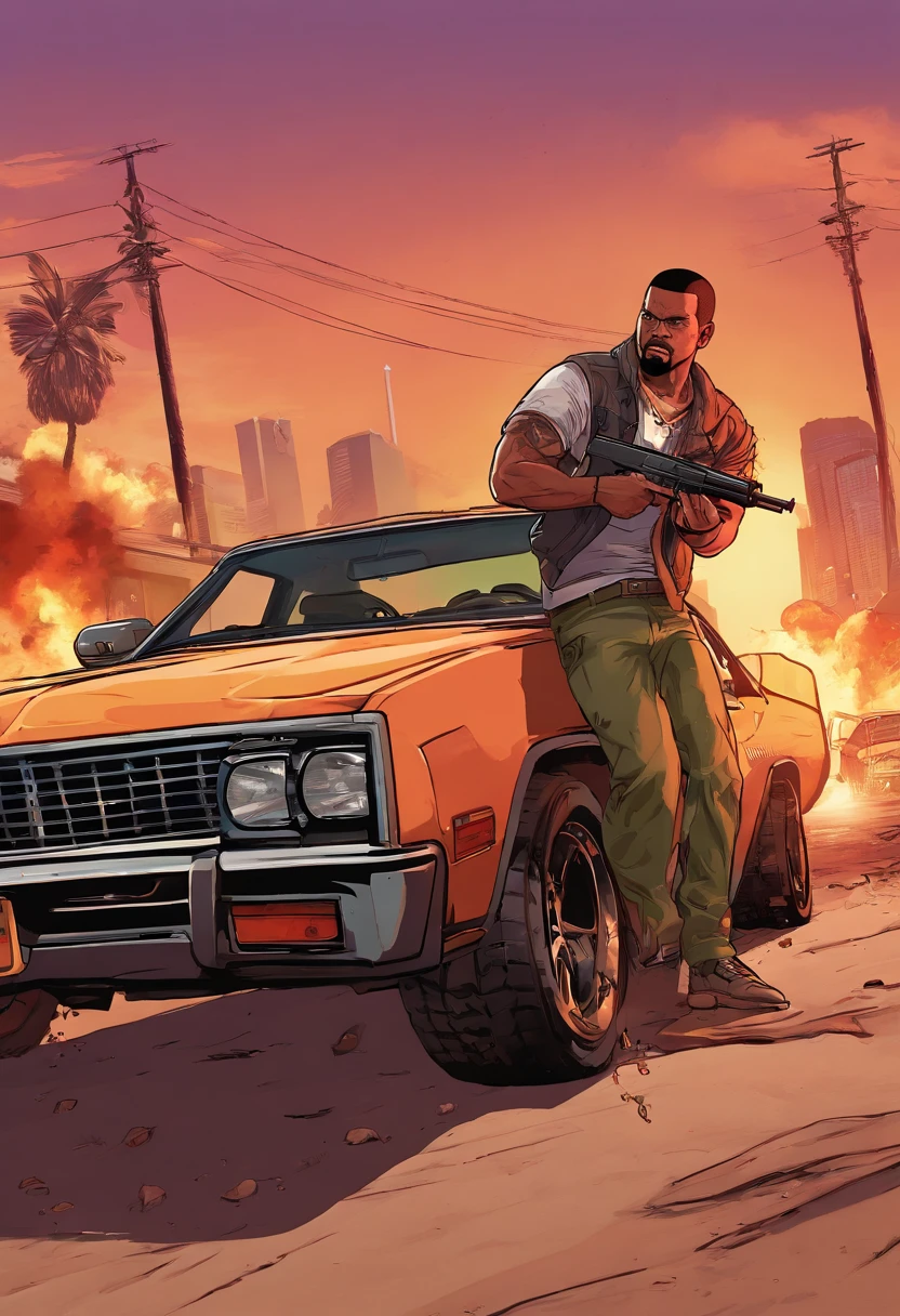 "Craft an intensely detailed prompt envisioning CJ from Grand Theft Auto: San Andreas as a remastered character in a thrilling and explosive scenario in the upcoming game. Depict CJ with remastered graphics, showcasing intricate details in his appearance and attire. Place him in the midst of a chaotic and violent scene, surrounded by explosions that illuminate the environment. Capture the intense action with meticulous detail, from the fiery blasts to the dynamic reactions on CJ's face. Infuse the scene with a sense of urgency and danger, ensuring that the remastered character seamlessly integrates into the high-stakes atmosphere. Create a visually striking and immersive prompt that teems with the energy and excitement of the Grand Theft Auto series."