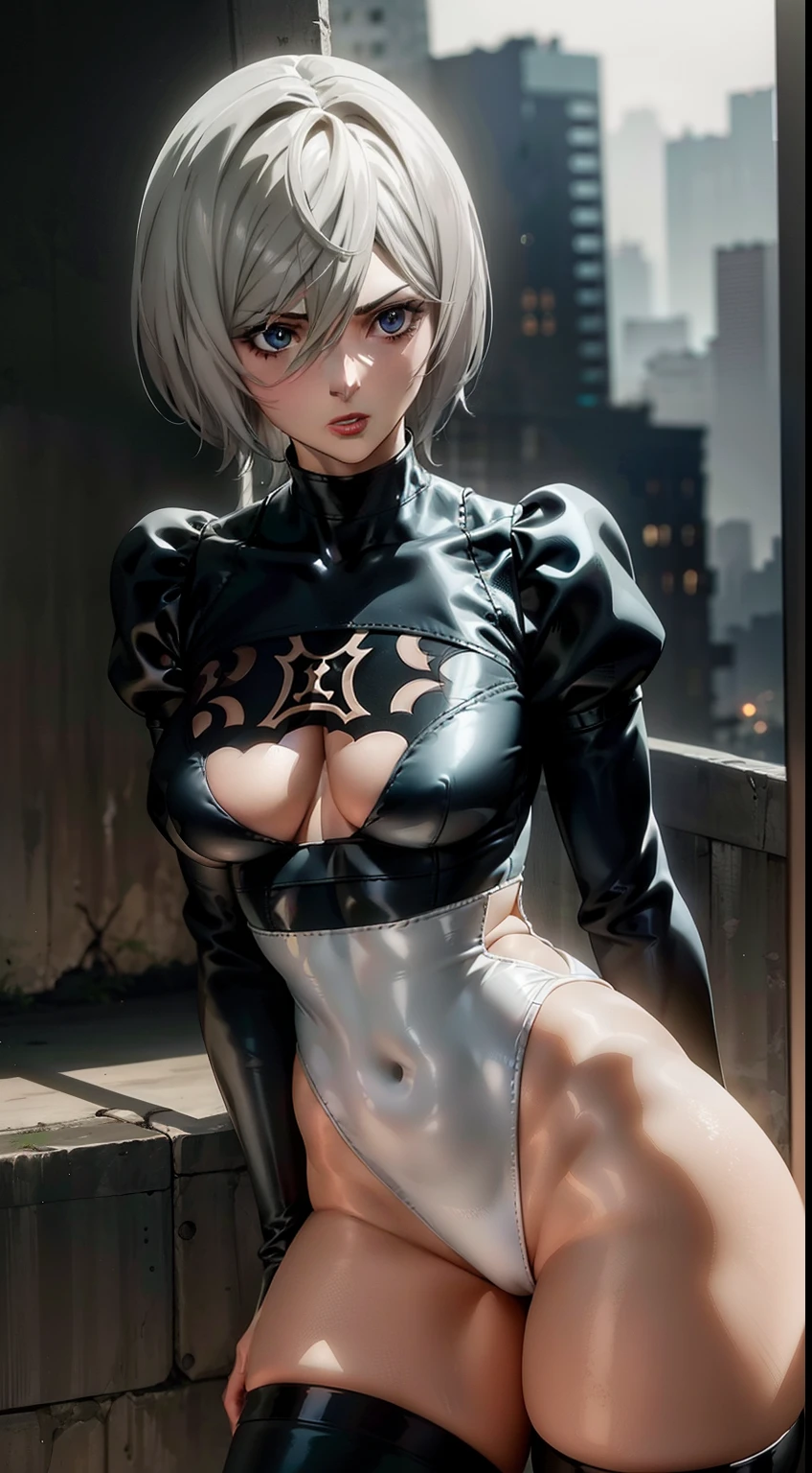 gloomy composition, gloomy background, Ruins, ruined city, Lies, lying by the window, night city, Cyberpunk city, very detailed eyes, Beautiful figure, Lucy from the anime series Cyberpunk Edge Runner, a 1girl, facing the viewer, Beautiful figure (Proper Anatopy 1.1.), in full height (Body Full 1.1), Slim, Slender figure, Slender figure, shapely legs, Anime style, white colored hair, white colored hair, that disappear at the ends, Bob hairstyle, short white jacket, tight black suit, Cutouts on the shoulders, Cutouts on the chest, Neckline at the waist, Skinny black leather pants, Very detailed face, Very beautiful face, Very sexy ass, in full height (Body Full 1.1), small elastic breasts, Little ass, Beautiful slim figure, small buttocks, black tight suit, darkly，gris & Dark Style：1.1), Light, femininity，tmasterpiece，beste-Qualit，higly detailed，Visible to the feet， 8K resolution， High Sharp， 8K resolution， higly detailed， 8K UHD， Professional lighting， Photon mapping，physical based rendering， a perfect face， detailed face and body， ray traced， expressive look， Cinmatic Lighting，elastic small breasts, Heightened sexuality，