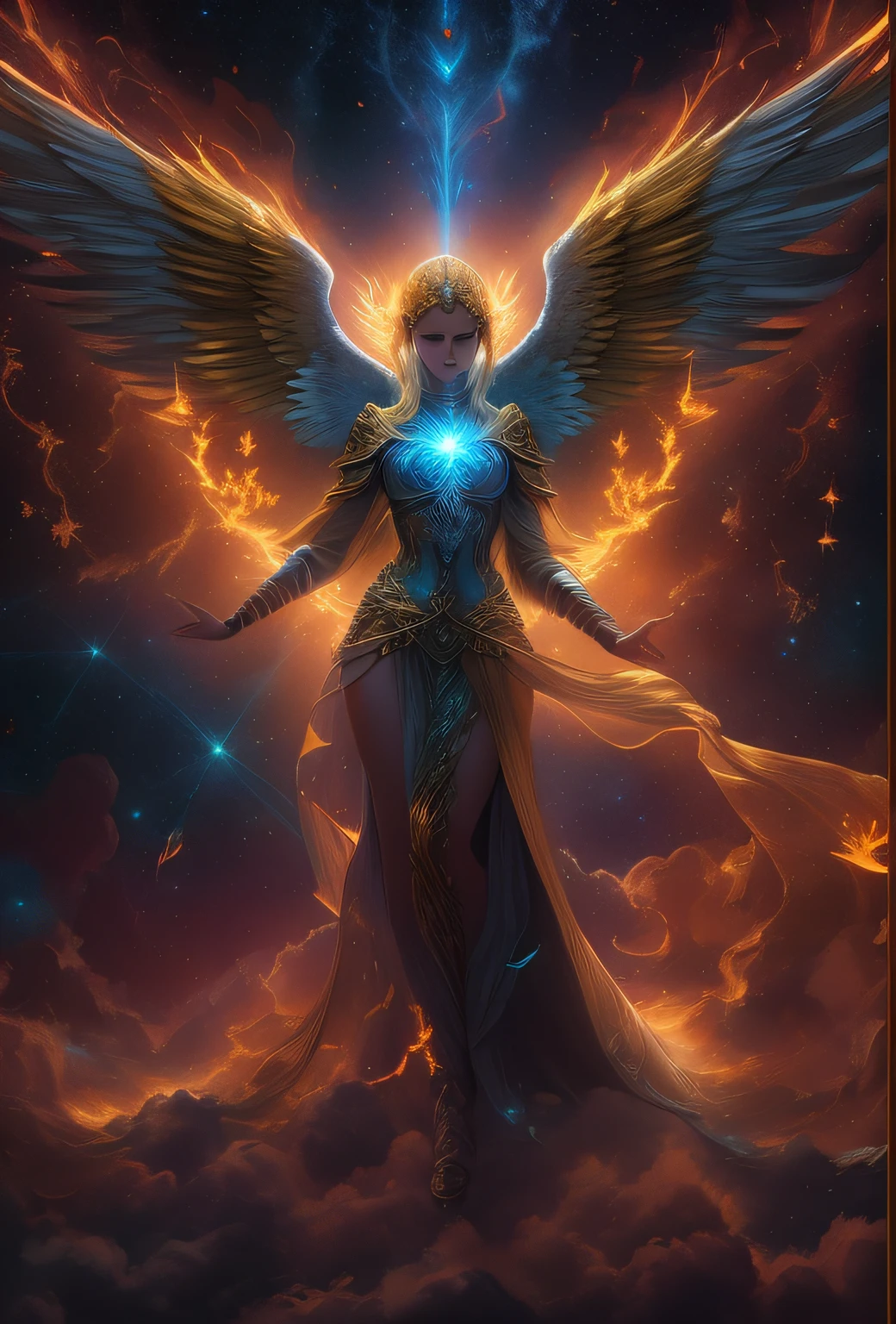 Image of a woman with wings and glow, glowing angel, Ethereal angel of light, With wings of blazing golden flames, Elf angel meditating in space, epic fantasy digital art, fantasy art behance, beautiful angel's, With fiery golden wings, angelicales, 4k highly detailed digital art, epic fantasy digital art style, fantasy digital art