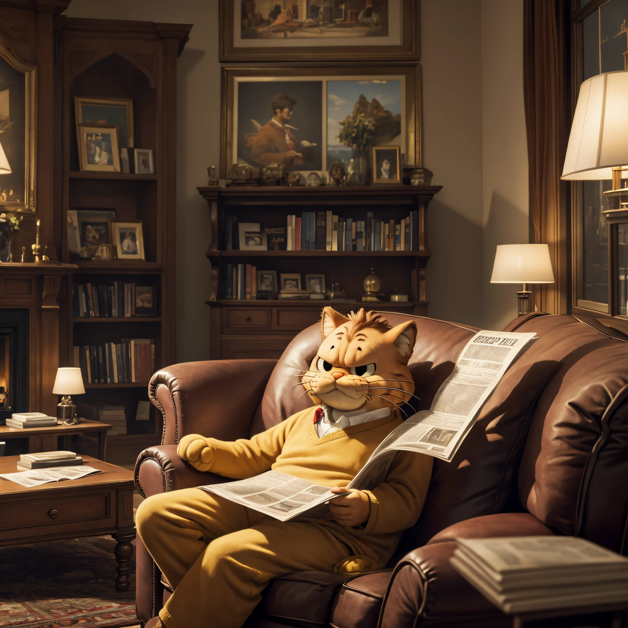(masterpiece, best quality), best resolution, garfield, reading a newspaper, living room