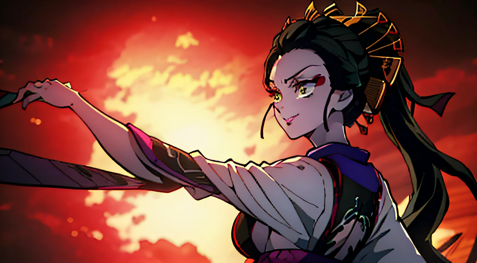 Character with kimetsu no yaiba traits, medium black hair with purple ends, haori with wisteria designs, a black and lilac katana. His face is angelic, crystal blue eyes, a scar on the left corner of your mouth. She is standing fighting with all her strength against an omni. extremely detailed painting 