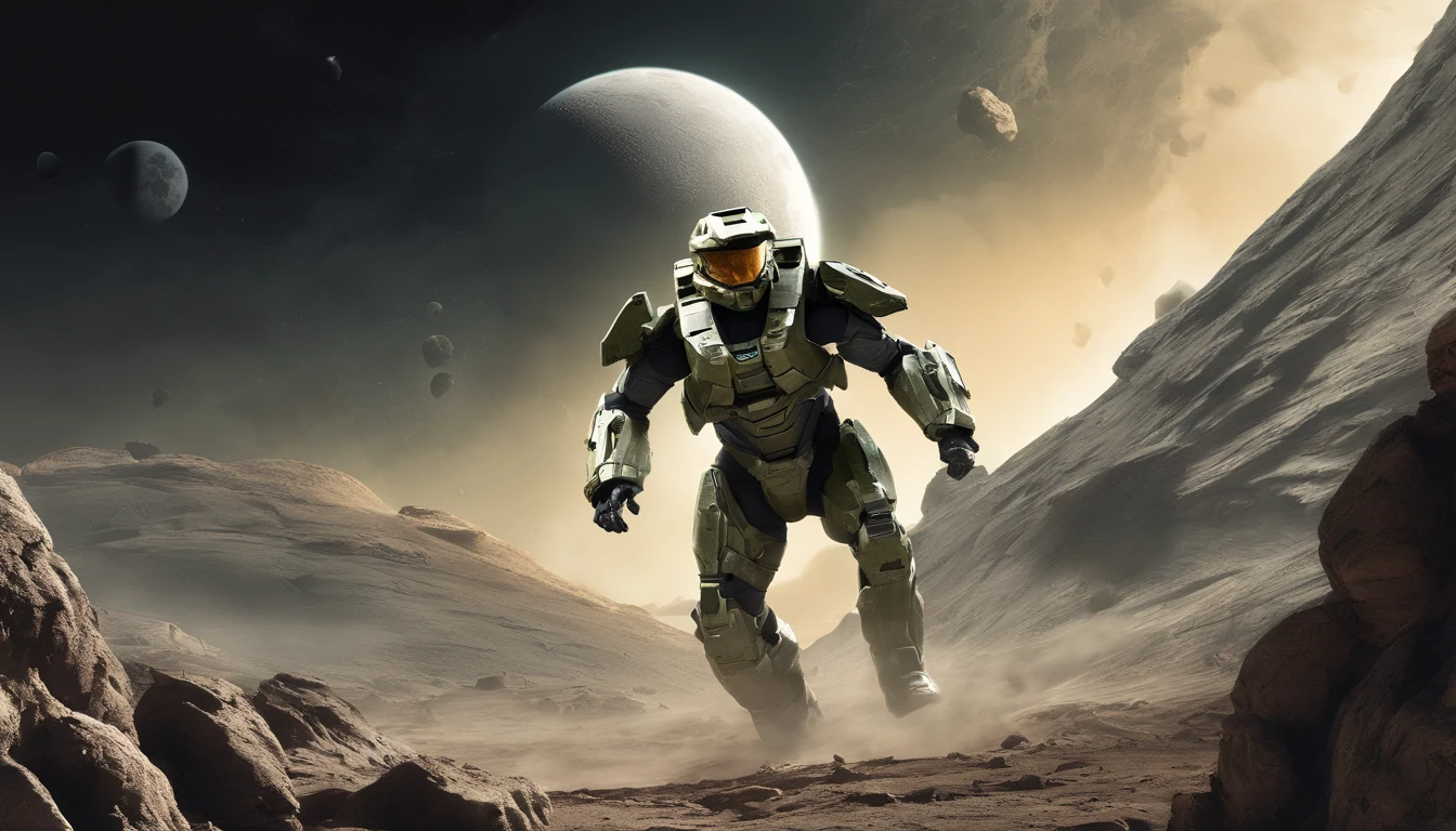 "Generate a highly detailed and dynamic image featuring Master Chief from Halo walking on the moon's surface. Envision him with accurate proportions, exuding an air of strength and determination. Depict the lunar landscape with meticulous detail, showcasing large explosions of dust and moon rock in the background, emphasizing the harsh, rugged terrain. Infuse the scene with micro-details, capturing the intricacies of Master Chief's armor, the lunar surface, and the billowing dust clouds. Craft an image that conveys both the grandeur of space exploration and the intense action of a battle on the moon, creating a visually stunning and immersive portrayal."