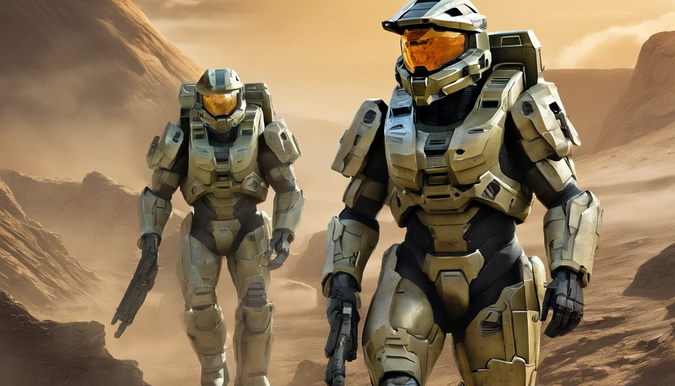 "Generate a highly detailed and dynamic image featuring Master Chief from Halo walking on the moon's surface. Envision him with accurate proportions, exuding an air of strength and determination. Depict the lunar landscape with meticulous detail, showcasing large explosions of dust and moon rock in the background, emphasizing the harsh, rugged terrain. Infuse the scene with micro-details, capturing the intricacies of Master Chief's armor, the lunar surface, and the billowing dust clouds. Craft an image that conveys both the grandeur of space exploration and the intense action of a battle on the moon, creating a visually stunning and immersive portrayal."
