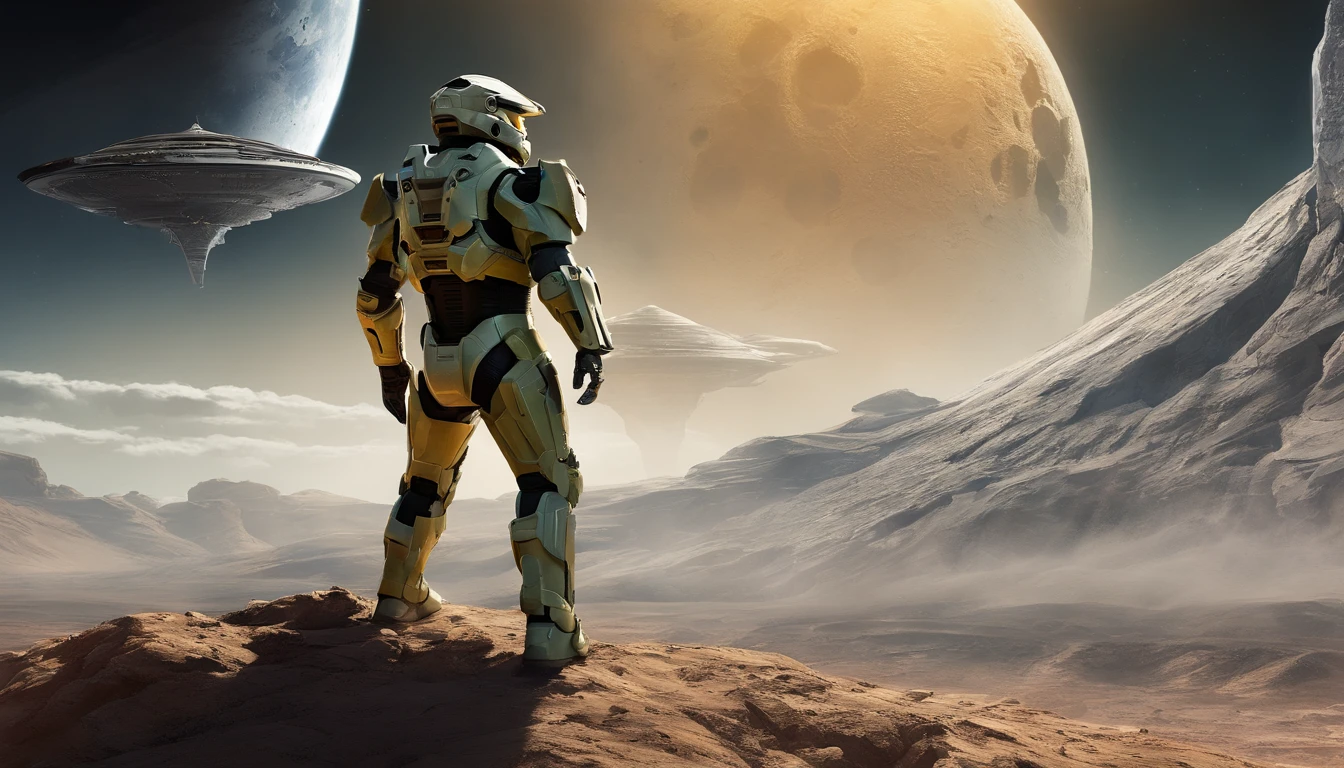 "Generate a highly detailed and dynamic image featuring Master Chief from Halo walking on the moon's surface. Envision him with accurate proportions, exuding an air of strength and determination. Depict the lunar landscape with meticulous detail, showcasing large explosions of dust and moon rock in the background, emphasizing the harsh, rugged terrain. Infuse the scene with micro-details, capturing the intricacies of Master Chief's armor, the lunar surface, and the billowing dust clouds. Craft an image that conveys both the grandeur of space exploration and the intense action of a battle on the moon, creating a visually stunning and immersive portrayal."