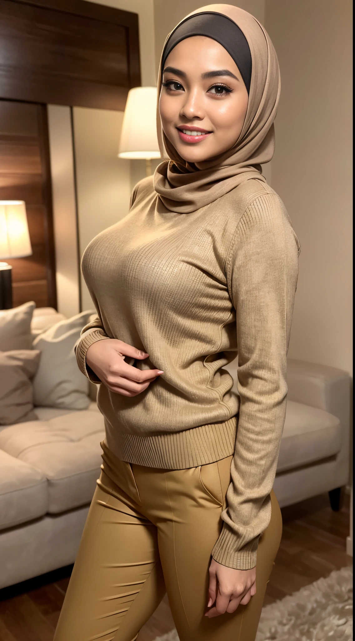 RAW, Best quality, high resolution, Masterpiece: 1.3), Beautiful Malay woman in hijab,Masterpiece, best quality,8k, brown eyes, perfect eyes,realisticlying,girl in beige jacket over fitted turtleneck sweater、Wear khaki pants、((full body)),Face Smile Sexy Pose、Breasts enlarged、Take the sweater outside