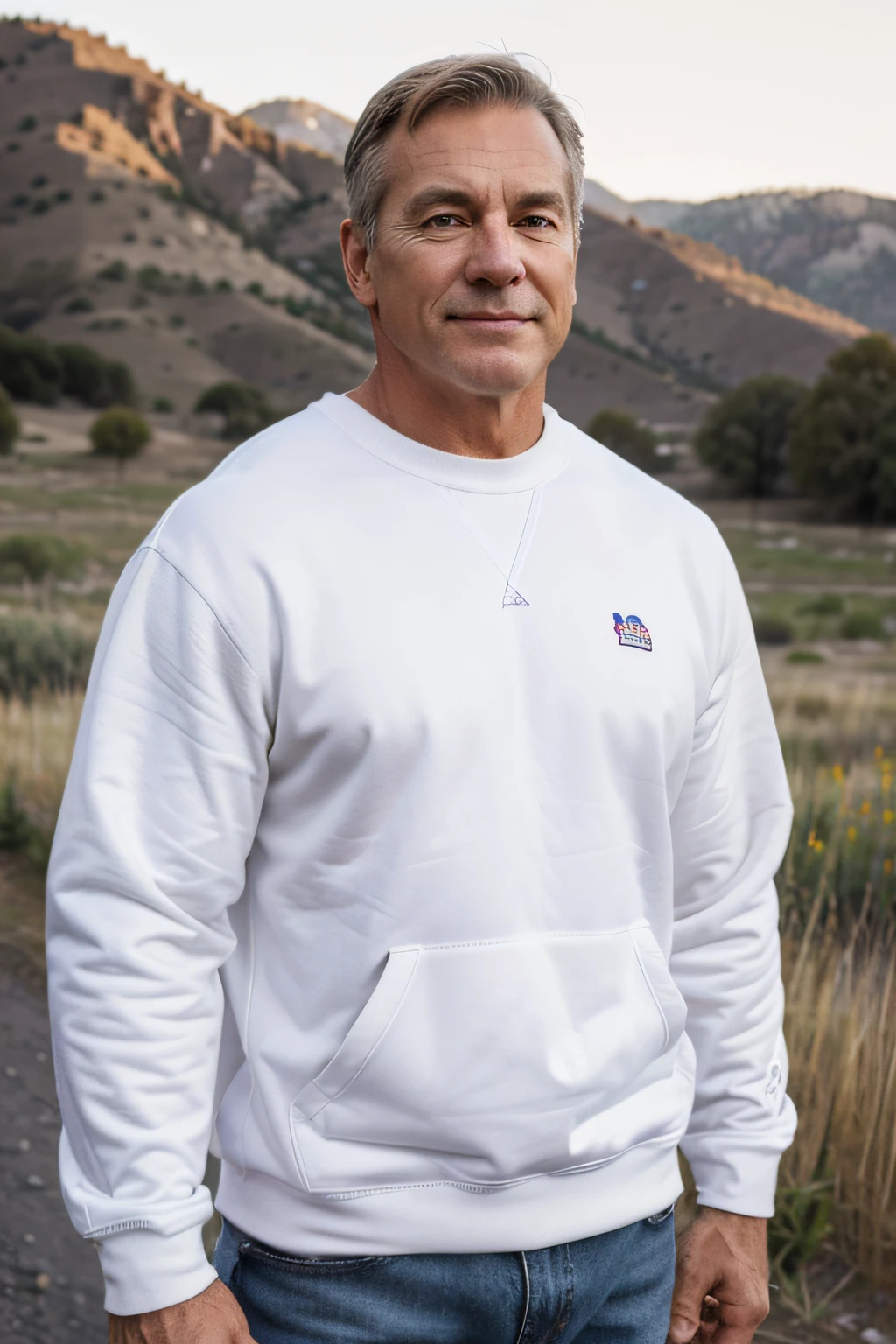 A 50-year-old muscular white American man wearing a white sweatshirt，in the western plains