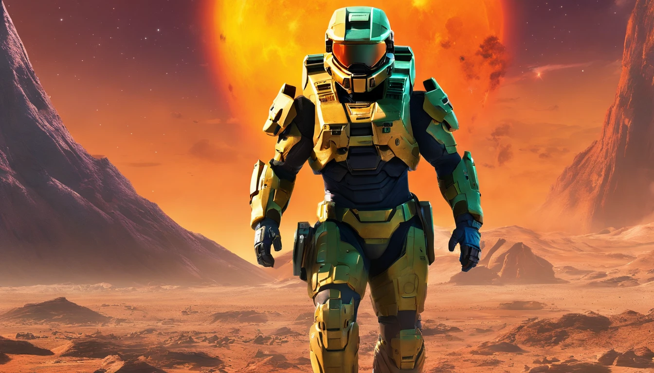 "Generate a highly detailed and dynamic image featuring Master Chief from Halo walking on the moon's surface. Envision him with accurate proportions, exuding an air of strength and determination. Depict the lunar landscape with meticulous detail, showcasing large explosions of dust and moon rock in the background, emphasizing the harsh, rugged terrain. Infuse the scene with micro-details, capturing the intricacies of Master Chief's armor, the lunar surface, and the billowing dust clouds. Craft an image that conveys both the grandeur of space exploration and the intense action of a battle on the moon, creating a visually stunning and immersive portrayal."