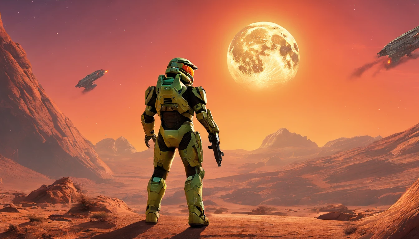 "Generate a highly detailed and dynamic image featuring Master Chief from Halo walking on the moon's surface. Envision him with accurate proportions, exuding an air of strength and determination. Depict the lunar landscape with meticulous detail, showcasing large explosions of dust and moon rock in the background, emphasizing the harsh, rugged terrain. Infuse the scene with micro-details, capturing the intricacies of Master Chief's armor, the lunar surface, and the billowing dust clouds. Craft an image that conveys both the grandeur of space exploration and the intense action of a battle on the moon, creating a visually stunning and immersive portrayal."