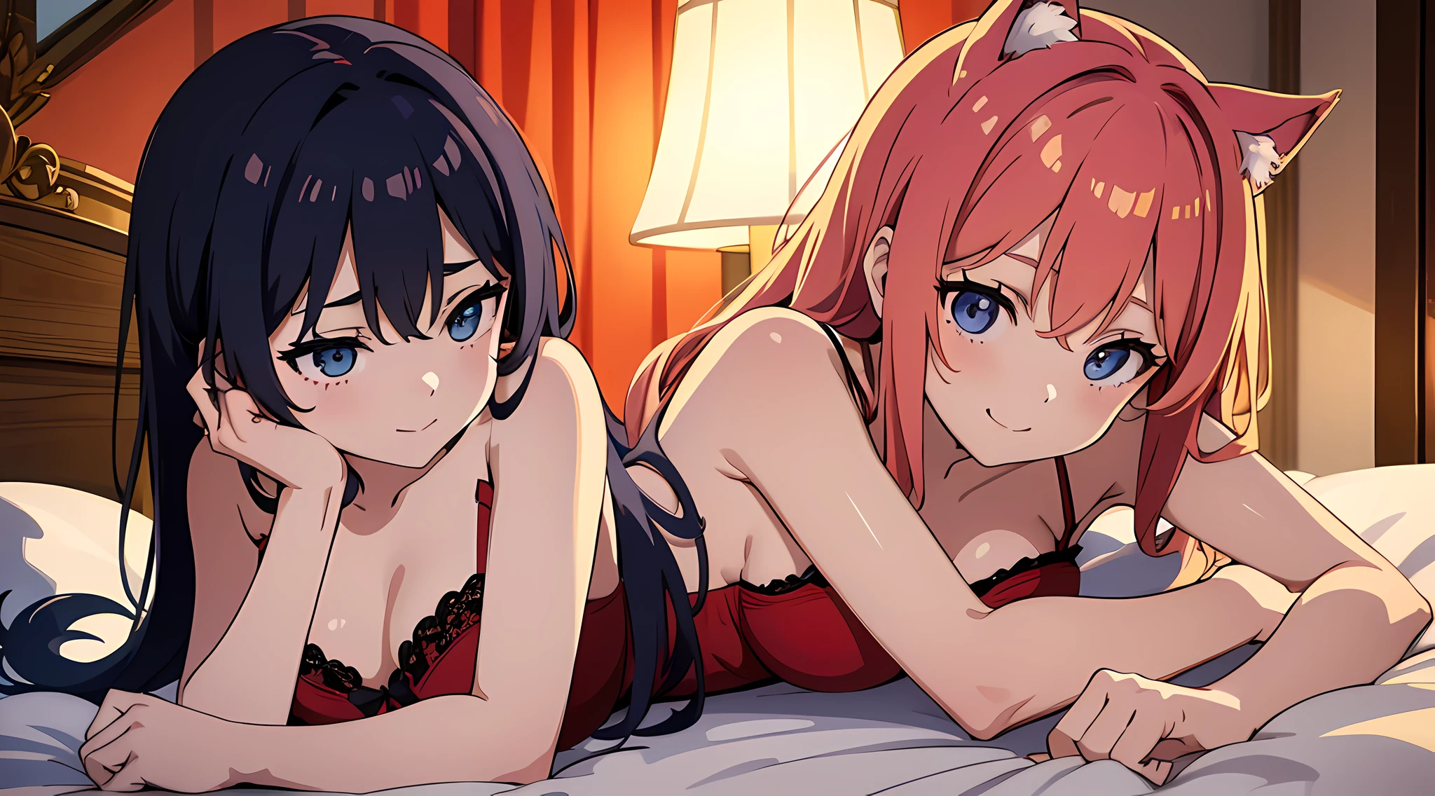 The two young cat eared girls were dressed in underwear and lay quietly on the bed, looking very shy. One of the girls was lying down, dressed in red lingerie and high ponytail, smiling, playful and cute; The other was in dark blue underwear, his long hair fell to his waist, and his hands were clasped together, as if wondering something. The two communicate with each other, their bodies are close together, and the atmosphere is very warm. The whole picture is under soft lighting, full of rich warm atmosphere. 4k