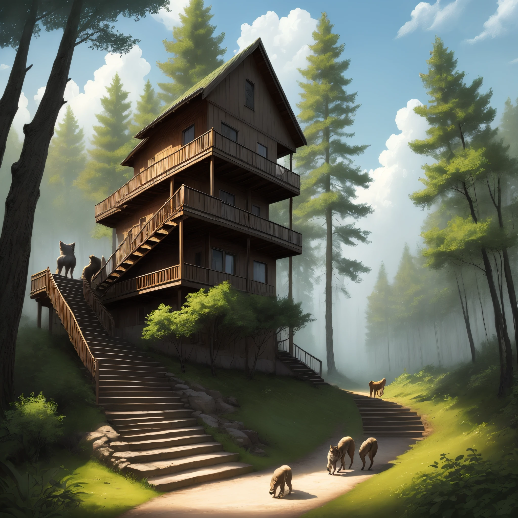 Forest with stairs in the sky and three wolves coming out the forest