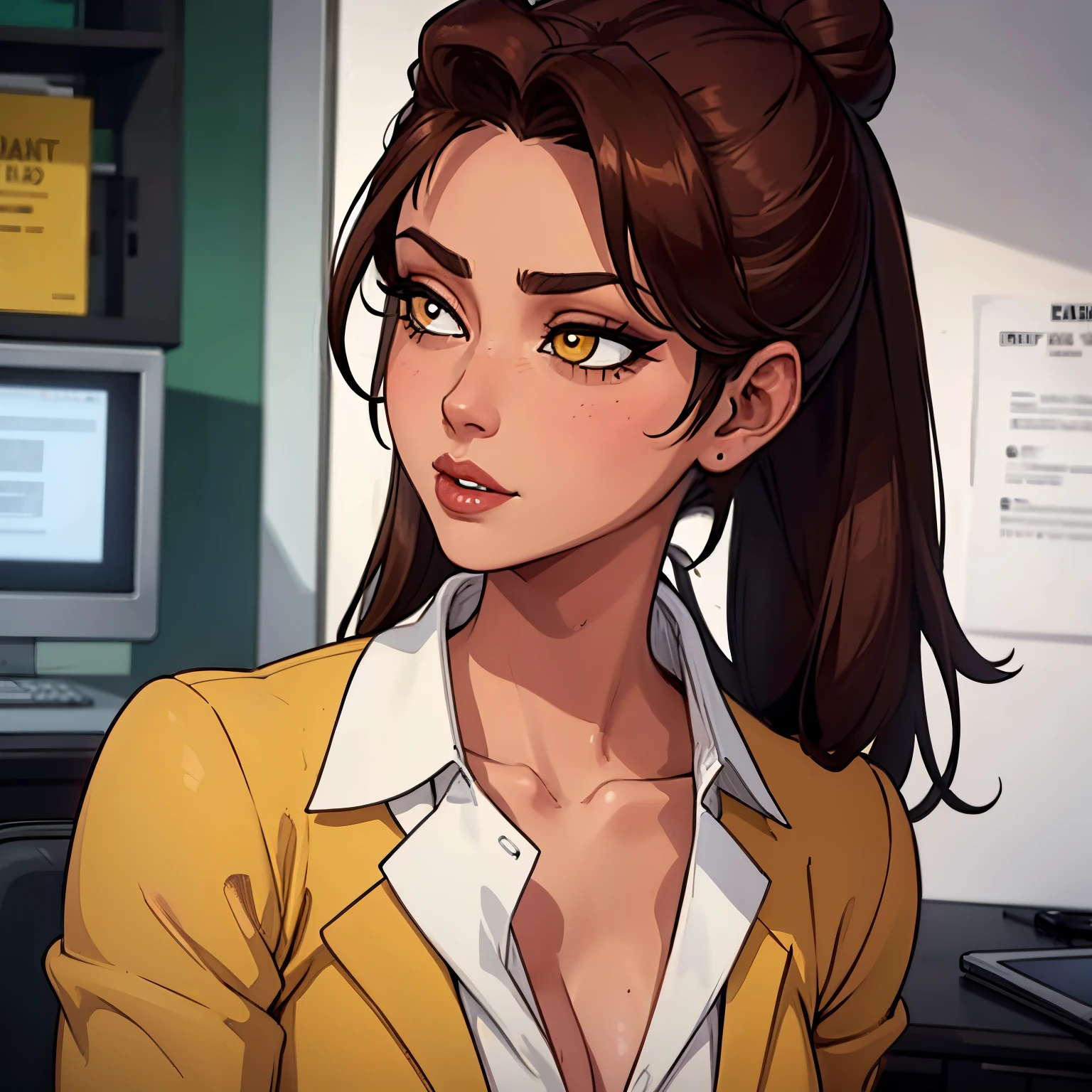 Female busty business woman, brown hair up in a bun, wearing makeup, wearing business outfit, sexy, cute, full lips, wearing lipstick, yellow clothing, brown eyes
