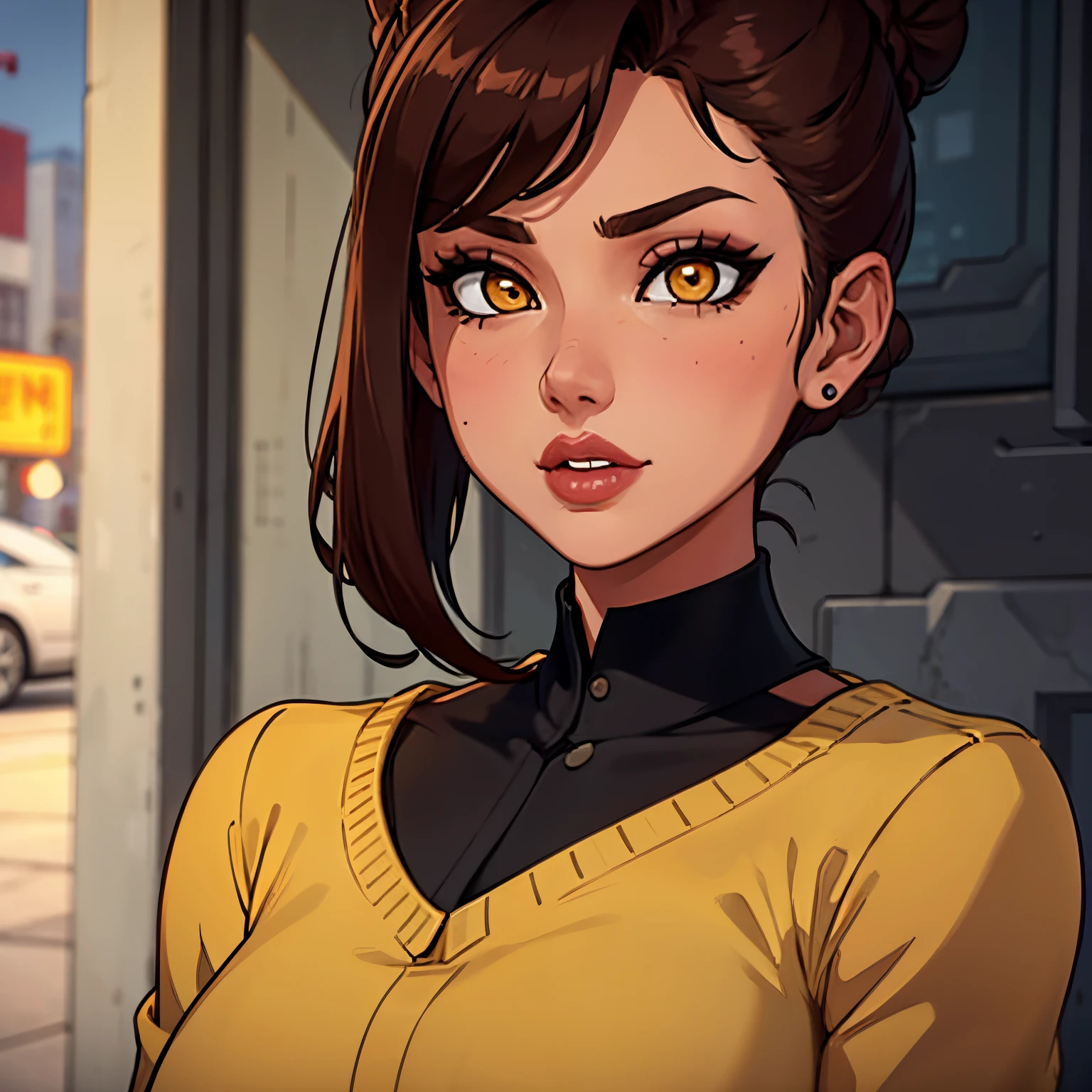 Female busty business woman, brown hair up in a bun, wearing makeup, wearing business outfit, sexy, cute, full lips, wearing lipstick, yellow clothing, brown eyes