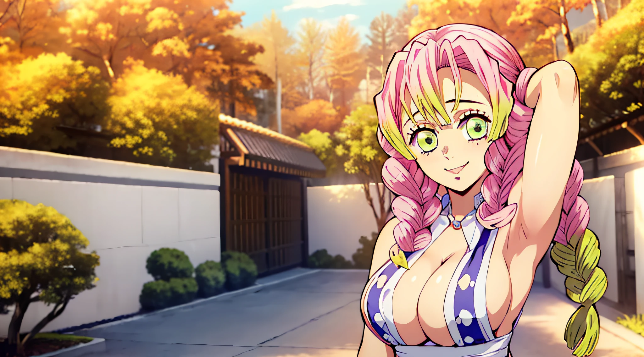 (obra maestra, mejor calidad), 1chica, MitsuriKanroji, deslumbrante, sonrisa, breast, armpits, dress white