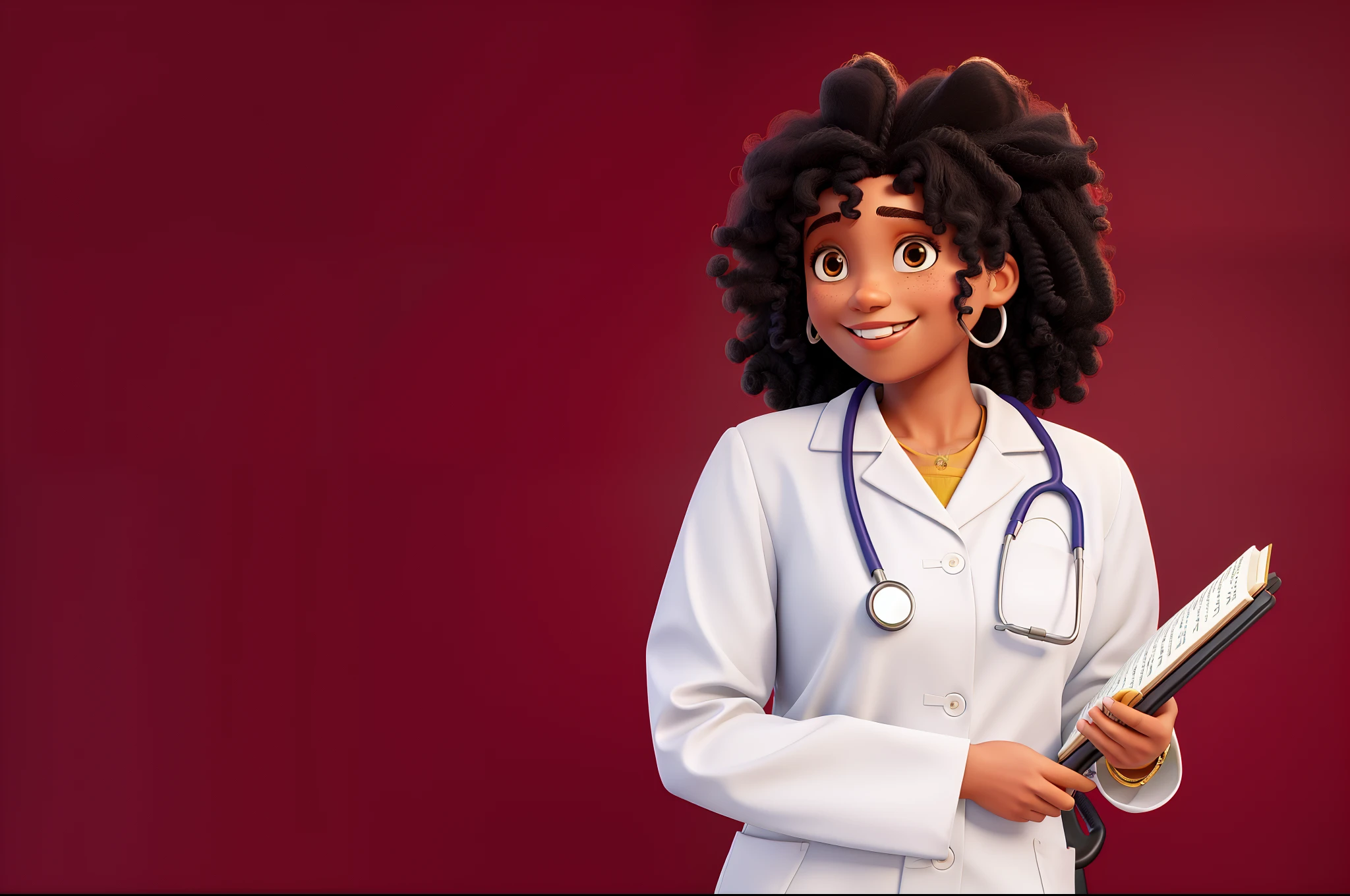 woman doctor holding notebook, Stethoscope hanging around her neck, afro curly hair, smile showing teeth