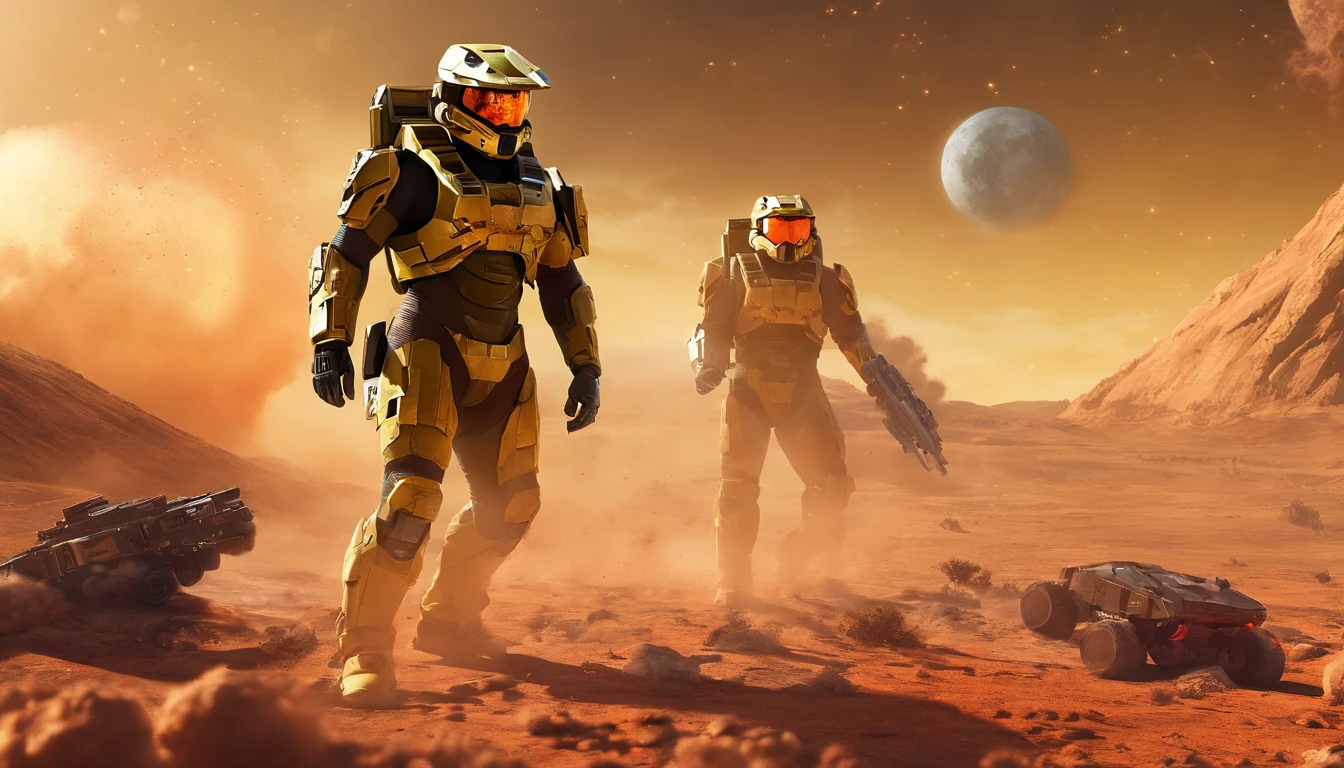 "Generate a highly detailed and dynamic image featuring Master Chief from Halo walking on the moon's surface. Envision him with accurate proportions, exuding an air of strength and determination. Depict the lunar landscape with meticulous detail, showcasing large explosions of dust and moon rock in the background, emphasizing the harsh, rugged terrain. Infuse the scene with micro-details, capturing the intricacies of Master Chief's armor, the lunar surface, and the billowing dust clouds. Craft an image that conveys both the grandeur of space exploration and the intense action of a battle on the moon, creating a visually stunning and immersive portrayal."