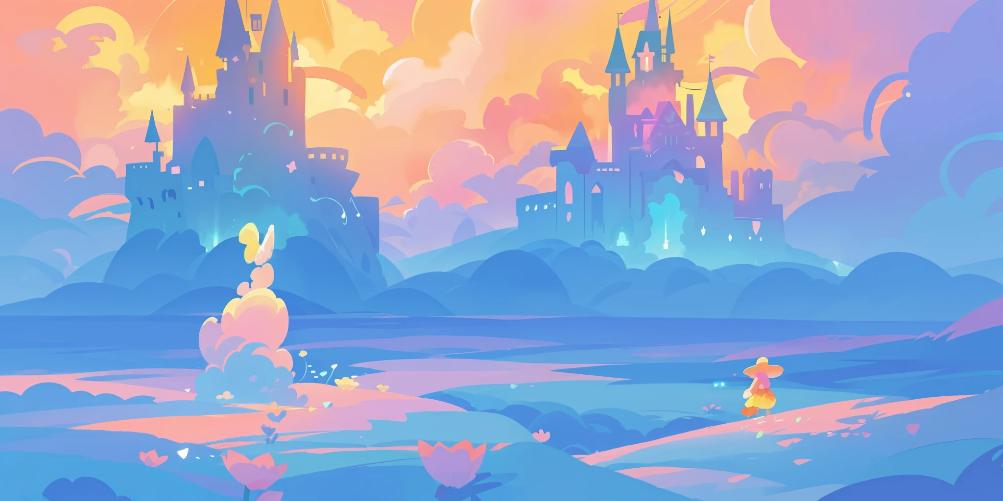 beautiful fantasy landscape, vibrant colors, (((otherworldly landscape))), whimsical landscape, cloud castle, huge clouds, ocean of clouds, watercolor illustration, disney art style, glowing lights, beautiful digital illustration, fantasia otherworldly landscape plants flowers, beautiful, masterpiece, best quality, anime disney style