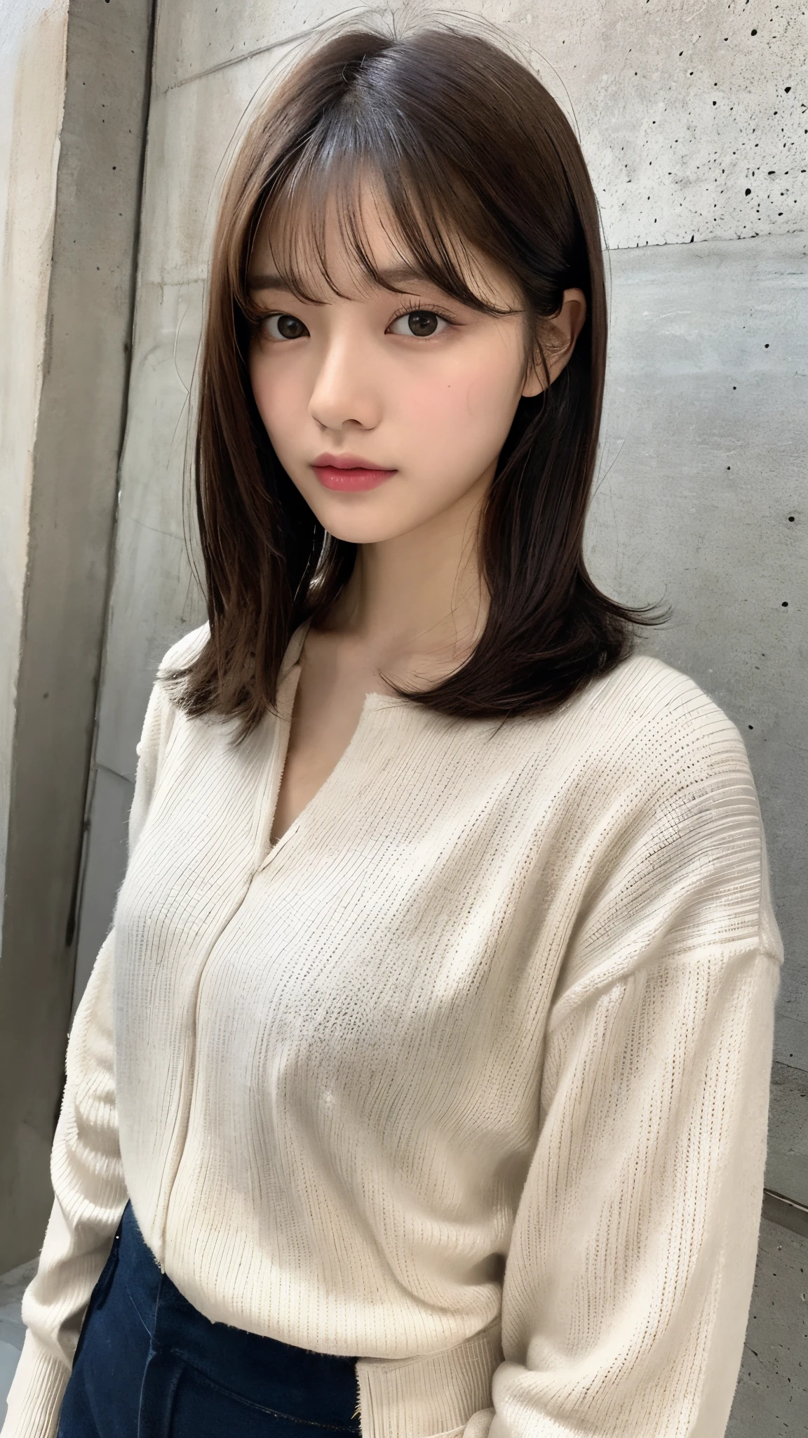 (top-quality、16K resolution)1人、独奏、natural soft light、small tits、A Japanese Lady、Looking at the camera、White long-sleeved knitwear、Concrete background、Facing the front、is standing、bobhair、Woman in her late teeight bangs、short-hair、Salon model、Natural look、portlate、floated hair、Rolled hair
