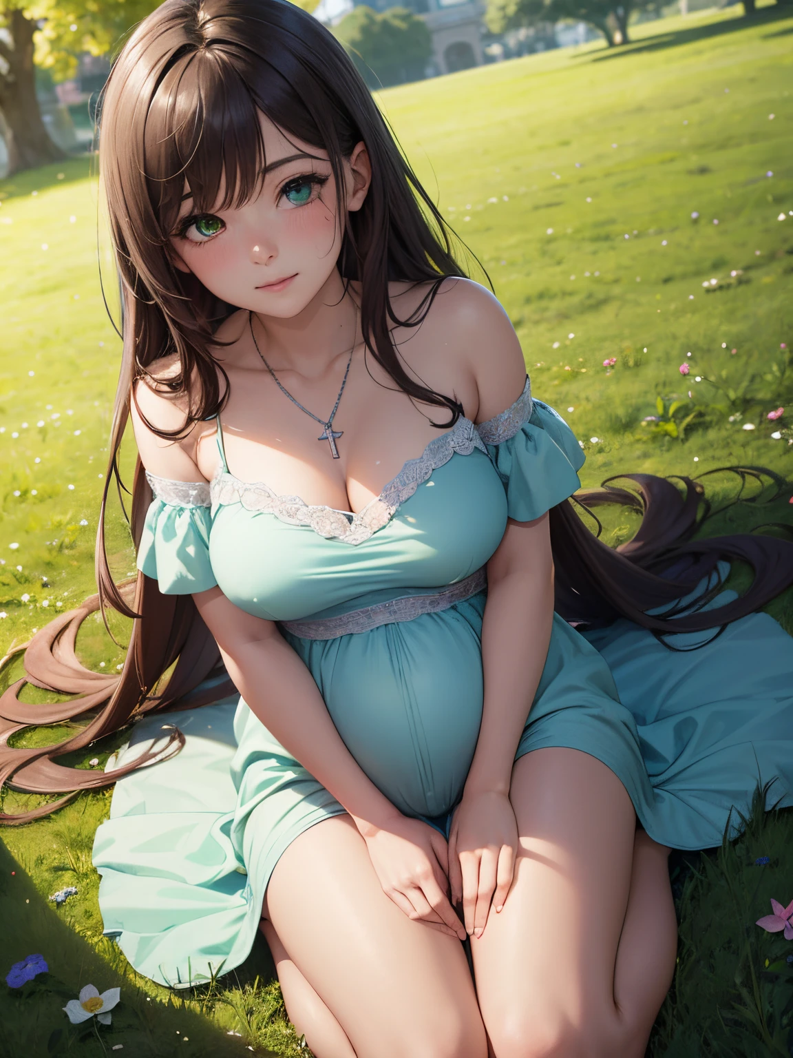 ((masterpiece, best quality, highres, UHD, perfect pixel, depth of field, 4k, RTX, HDR))), 1girl, single, solo, beautiful anime girl, beautiful artstyle, anime character, ((long hair, extremely long hair, hair down to butt, very long hair, bangs, dark brown hair, brown hair, curly hair:0.4), ((heterochromia eyes:1.4, rounded eyes, beautiful eyelashes, realistic eyes, one green eye one blue eye,heterochromic eyed, blue and green heterochromia)), ((detailed face, blushing:1.2)), ((smooth texture:0.75, realistic texture:0.65, photorealistic:1.1, anime CG style)), medium breasts, ((center of frame, dynamic angle, close up, full body)), perfect body, ((pastel clothes, silver cross necklace)) standing outside, sitting in grass under tree, pregnant, sunny summer day, detailed lighting, dynamic lighting, (((dark brown hair))), extremely long hair, ((blue and green heterochromia)), smiling, blushing