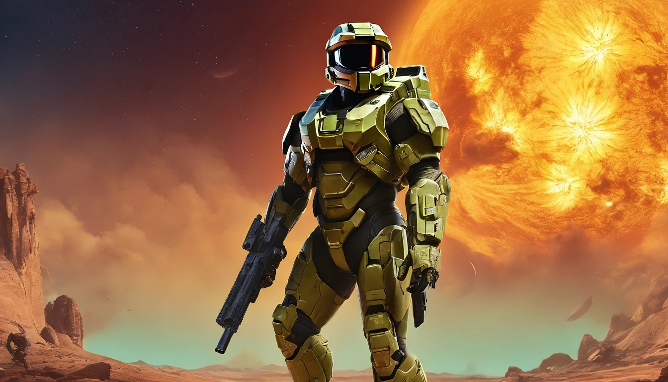 "Generate a highly detailed and dynamic image featuring Master Chief from Halo walking on the moon's surface. Envision him with accurate proportions, exuding an air of strength and determination. Depict the lunar landscape with meticulous detail, showcasing large explosions of dust and moon rock in the background, emphasizing the harsh, rugged terrain. Infuse the scene with micro-details, capturing the intricacies of Master Chief's armor, the lunar surface, and the billowing dust clouds. Craft an image that conveys both the grandeur of space exploration and the intense action of a battle on the moon, creating a visually stunning and immersive portrayal."