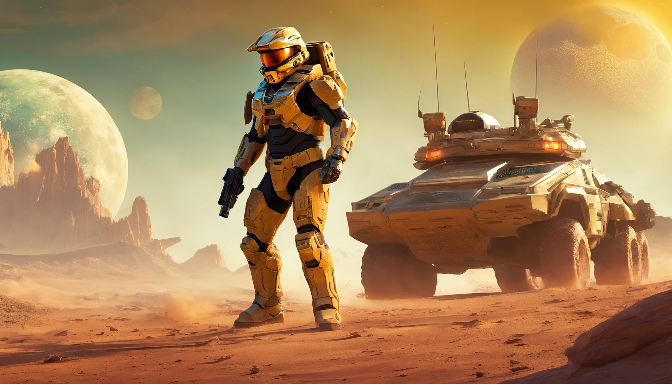 "Generate a highly detailed and dynamic image featuring Master Chief from Halo walking on the moon's surface. Envision him with accurate proportions, exuding an air of strength and determination. Depict the lunar landscape with meticulous detail, showcasing large explosions of dust and moon rock in the background, emphasizing the harsh, rugged terrain. Infuse the scene with micro-details, capturing the intricacies of Master Chief's armor, the lunar surface, and the billowing dust clouds. Craft an image that conveys both the grandeur of space exploration and the intense action of a battle on the moon, creating a visually stunning and immersive portrayal."