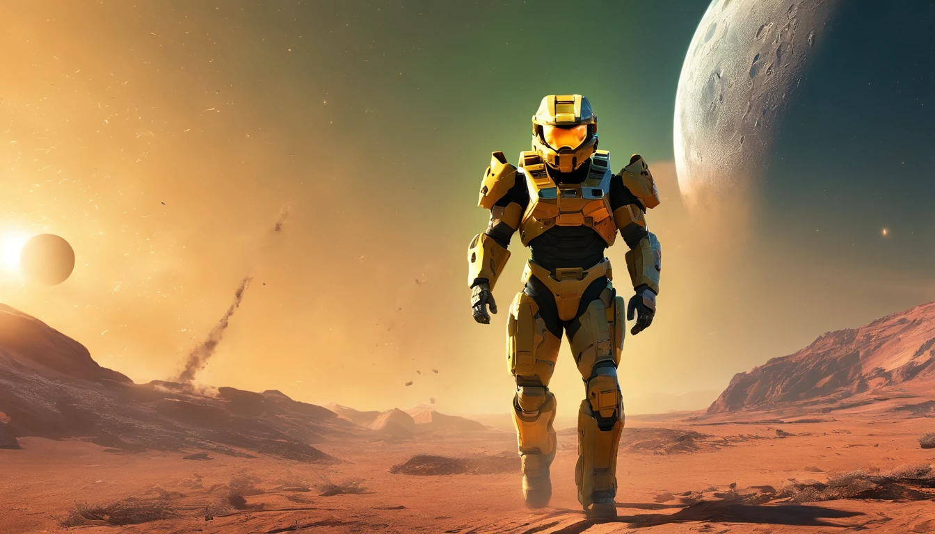 "Generate a highly detailed and dynamic image featuring Master Chief from Halo walking on the moon's surface. Envision him with accurate proportions, exuding an air of strength and determination. Depict the lunar landscape with meticulous detail, showcasing large explosions of dust and moon rock in the background, emphasizing the harsh, rugged terrain. Infuse the scene with micro-details, capturing the intricacies of Master Chief's armor, the lunar surface, and the billowing dust clouds. Craft an image that conveys both the grandeur of space exploration and the intense action of a battle on the moon, creating a visually stunning and immersive portrayal."