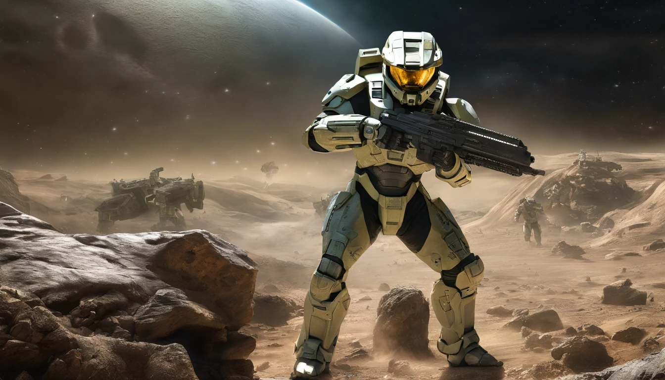 "Generate a highly detailed and dynamic image featuring Master Chief from Halo walking on the moon's surface. Envision him with accurate proportions, exuding an air of strength and determination. Depict the lunar landscape with meticulous detail, showcasing large explosions of dust and moon rock in the background, emphasizing the harsh, rugged terrain. Infuse the scene with micro-details, capturing the intricacies of Master Chief's armor, the lunar surface, and the billowing dust clouds. Craft an image that conveys both the grandeur of space exploration and the intense action of a battle on the moon, creating a visually stunning and immersive portrayal."