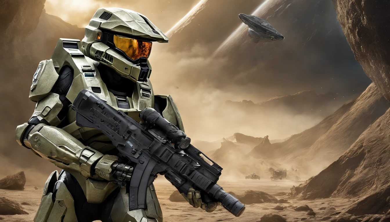 "Generate a highly detailed and dynamic image featuring Master Chief from Halo walking on the moon's surface. Envision him with accurate proportions, exuding an air of strength and determination. Depict the lunar landscape with meticulous detail, showcasing large explosions of dust and moon rock in the background, emphasizing the harsh, rugged terrain. Infuse the scene with micro-details, capturing the intricacies of Master Chief's armor, the lunar surface, and the billowing dust clouds. Craft an image that conveys both the grandeur of space exploration and the intense action of a battle on the moon, creating a visually stunning and immersive portrayal."