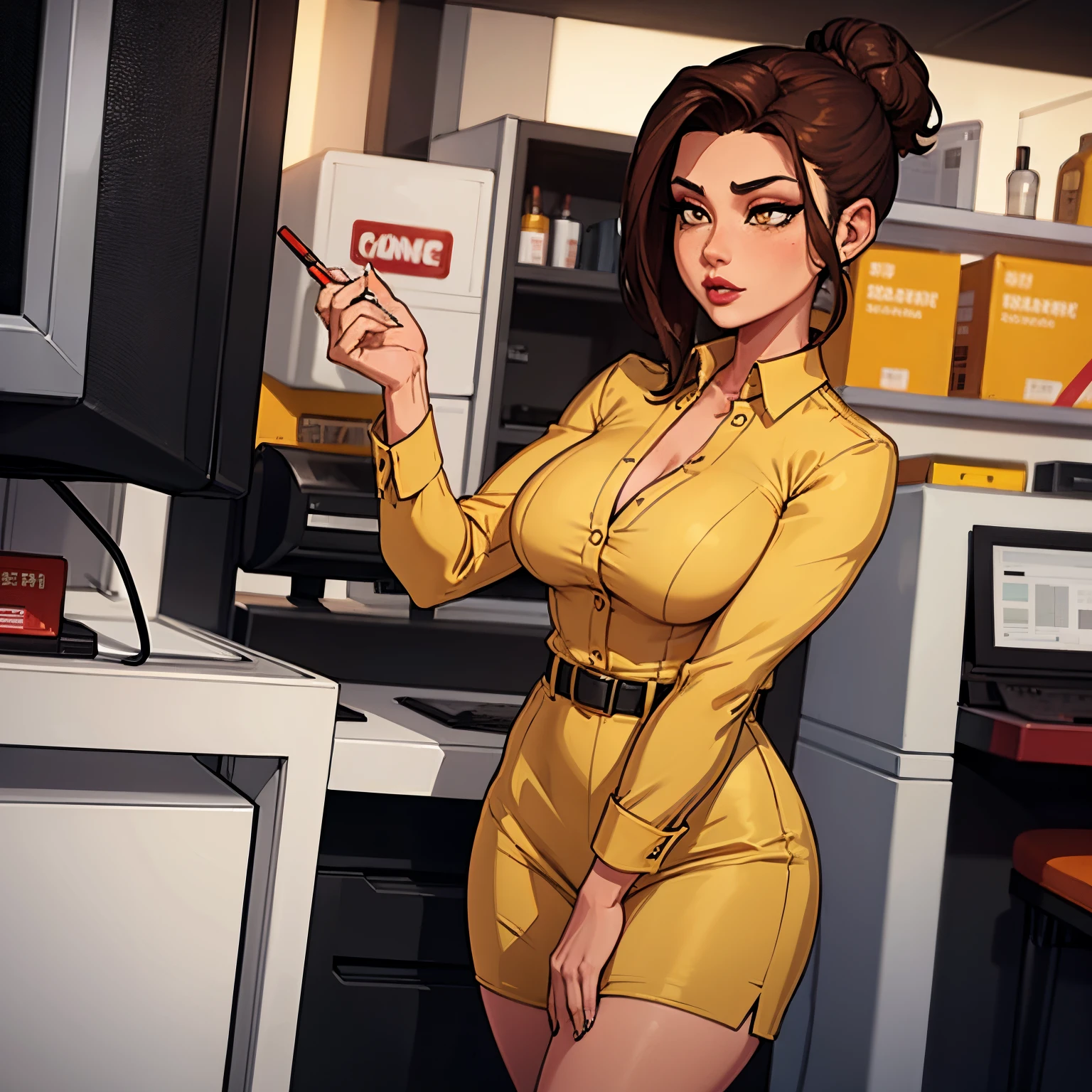 Female busty business woman, brown hair up in a bun, wearing makeup, wearing business outfit, sexy, cute, full lips, wearing lipstick, yellow clothing, brown eyes