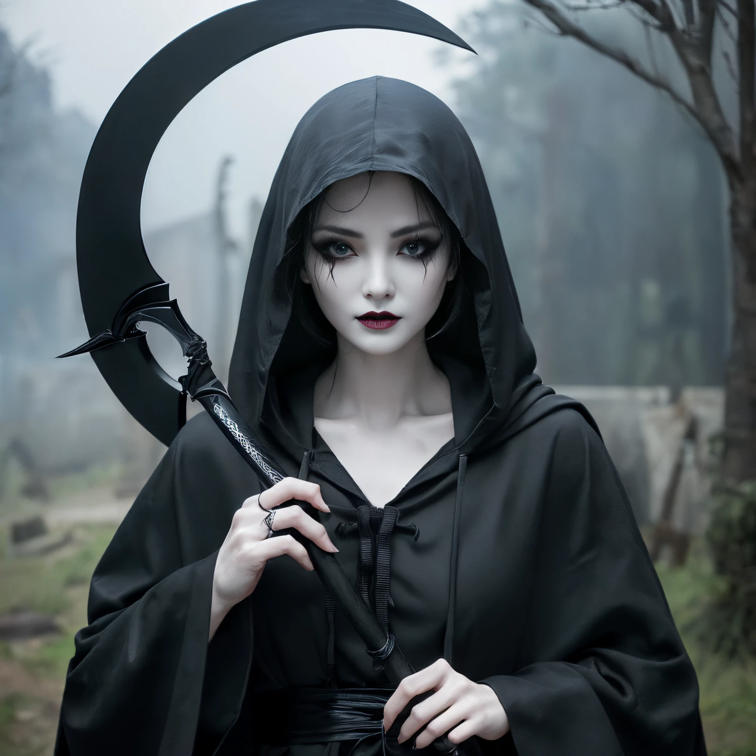 ((top-quality、masutepiece、8K、Top image quality、Very complex and detailed details))、((One Grim Reaper、one female grim reaper、Complete look of the creepiest and scariest Grim Reaper、the creepiest grim reaper、the most terrifying god of death、god of hell、Perfectly recreate the most terrifying Grim Reaper、has a very large scythe、giant shinigami scythe、Huge blade、Scary and realistic sickle、Wearing a long black cloak、black cloak、Wearing a hood、Black hood、black lips、eyeshadows、Spooky makeup))、horor、canny、scary god of death、Long、[[[large full breasts]]]、Perfect camera gaze、Spooky smile、Take a photo above from your lap、Perfect camera gaze
