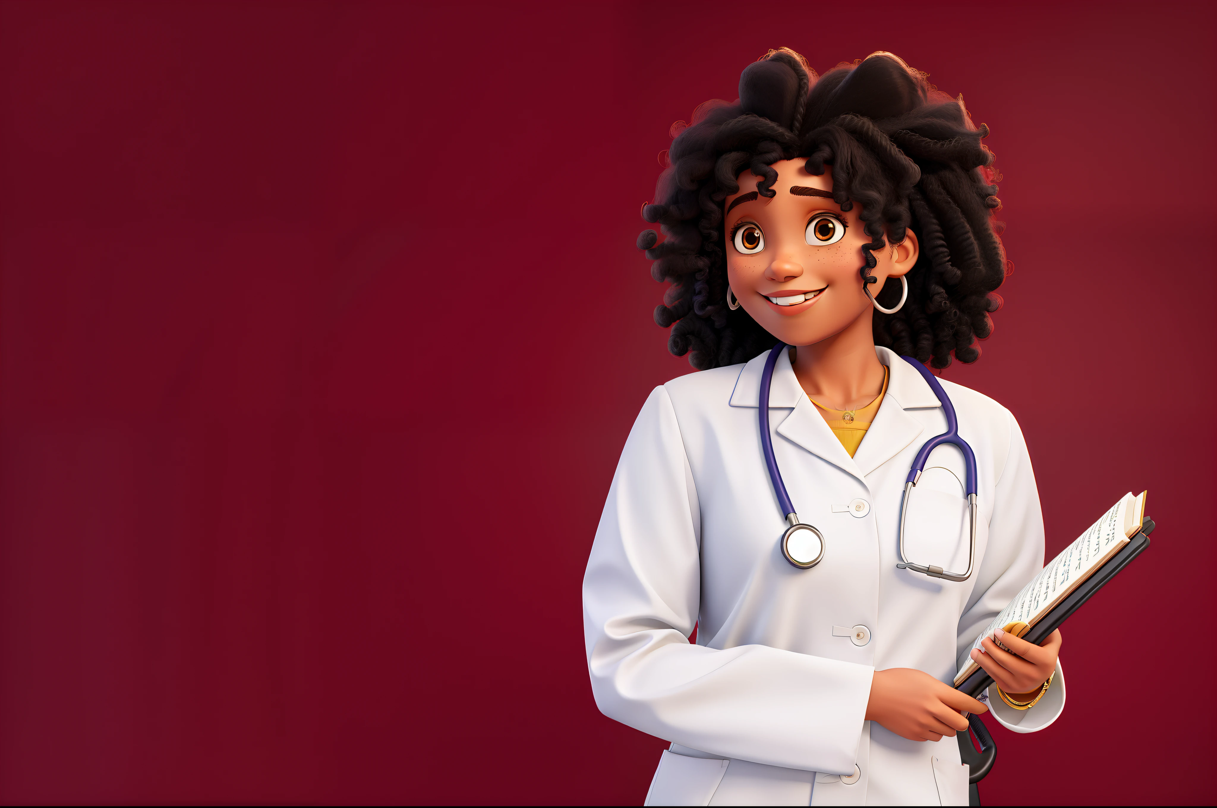 woman doctor holding notebook, Stethoscope hanging around her neck, afro curly hair, smile showing teeth