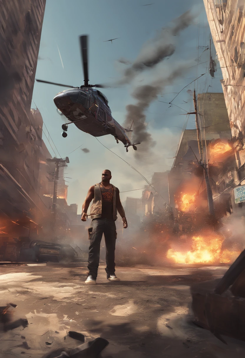 "Craft an intensely detailed prompt envisioning CJ from Grand Theft Auto: San Andreas as a remastered character in a thrilling and explosive scenario in the upcoming game. Depict CJ with remastered graphics, showcasing intricate details in his appearance and attire. Place him in the midst of a chaotic and violent scene, surrounded by explosions that illuminate the environment. Capture the intense action with meticulous detail, from the fiery blasts to the dynamic reactions on CJ's face. Infuse the scene with a sense of urgency and danger, ensuring that the remastered character seamlessly integrates into the high-stakes atmosphere. Create a visually striking and immersive prompt that teems with the energy and excitement of the Grand Theft Auto series."
