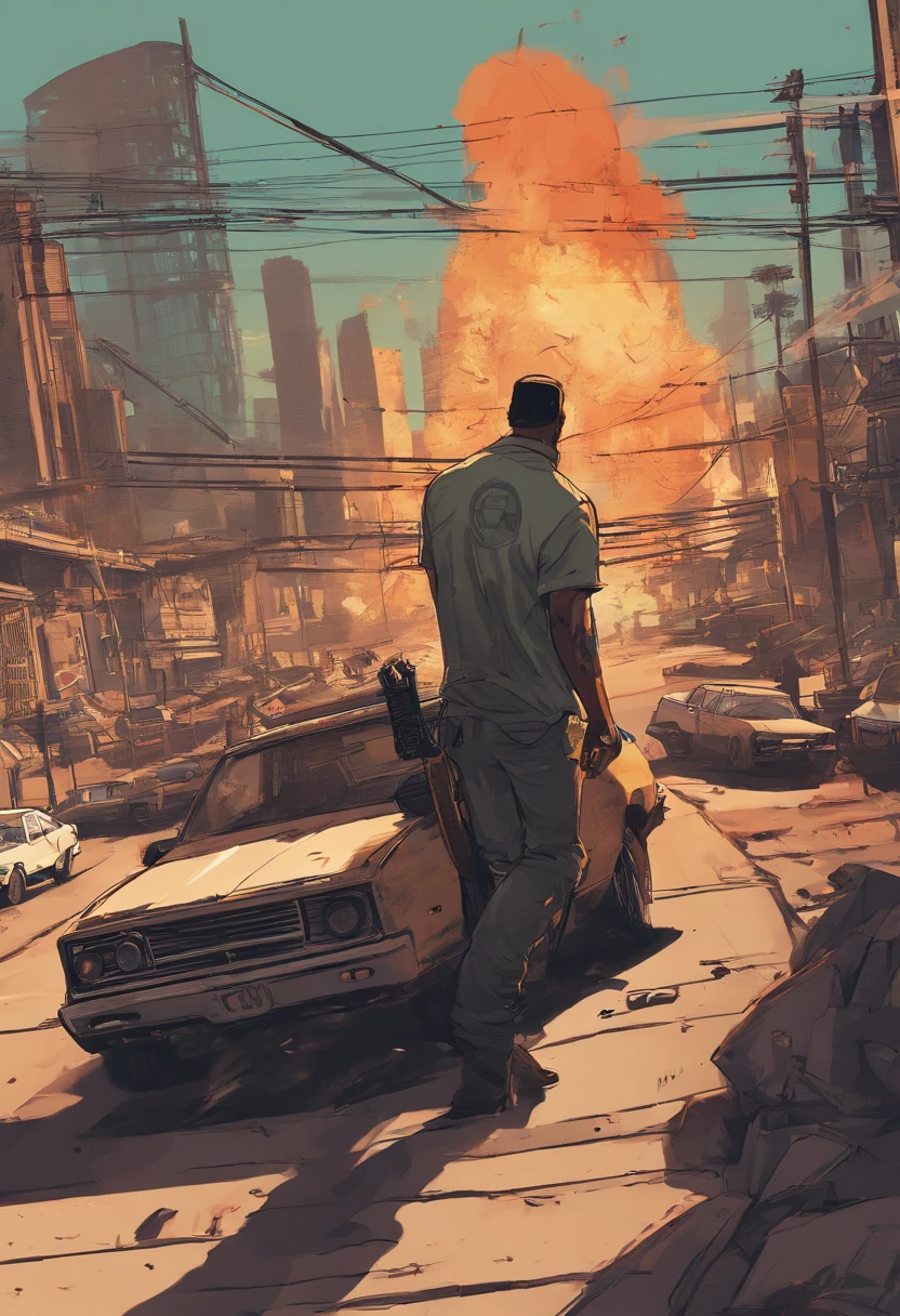 "Craft an intensely detailed prompt envisioning CJ from Grand Theft Auto: San Andreas as a remastered character in a thrilling and explosive scenario in the upcoming game. Depict CJ with remastered graphics, showcasing intricate details in his appearance and attire. Place him in the midst of a chaotic and violent scene, surrounded by explosions that illuminate the environment. Capture the intense action with meticulous detail, from the fiery blasts to the dynamic reactions on CJ's face. Infuse the scene with a sense of urgency and danger, ensuring that the remastered character seamlessly integrates into the high-stakes atmosphere. Create a visually striking and immersive prompt that teems with the energy and excitement of the Grand Theft Auto series."