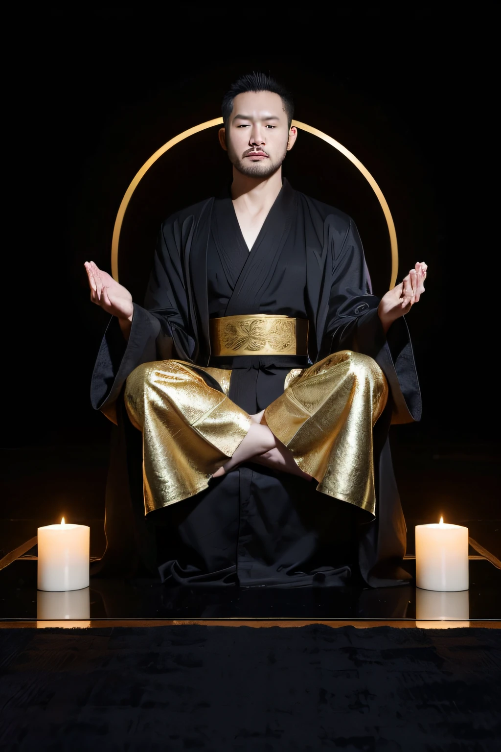 One of them was wearing a black robe,blonde belt,A 33-year-old Chinese man sits on a black mat with his hands folded,in meditation pose, praying pose, wearing a long flowing robe, zen meditation, Wearing gilded black robe, in meditation pose, Handsome looking,Blank background,sitting upright。