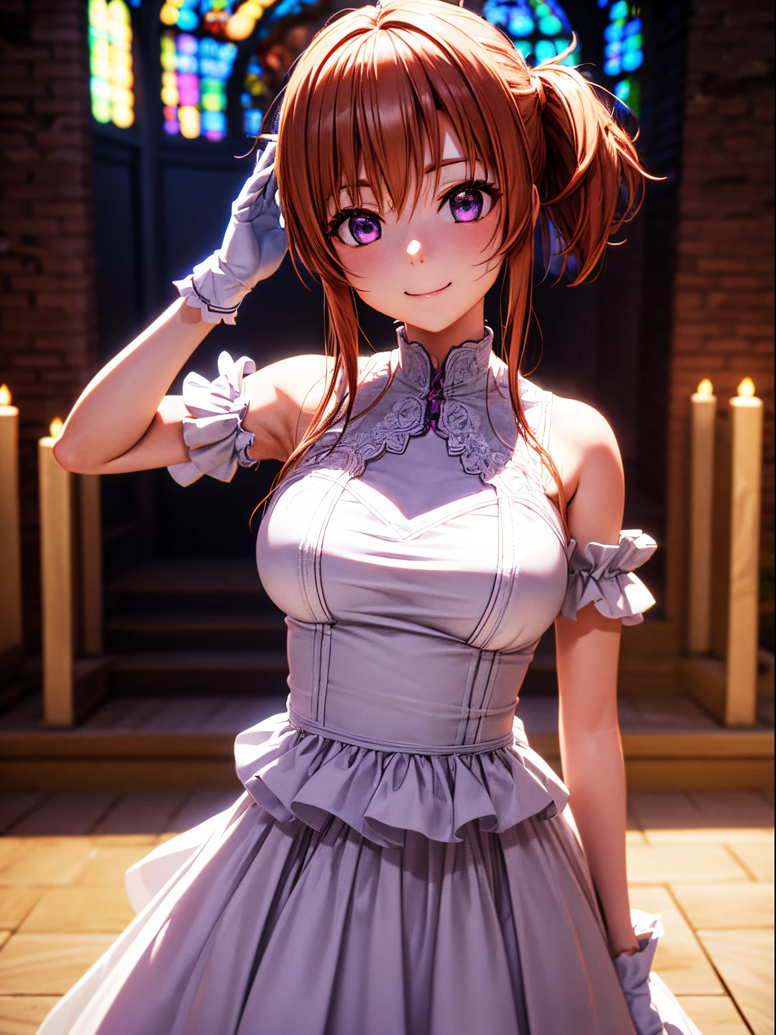 hight resolution, top-quality, ultra-quality,3D images、Asuka、Standing、Purple color in hair, Anime girl with purple hair and purple eyes,3D images、Highly detailed CG Unity 8k wallpaper, [3D images:0.15],Attractive eyes、[[A detailed eye、Colorful eyes、radiant eyes:1.15]], , The ultra-detailliert,Fine fingers、front-facing view、lighting like a movie、Asuna Yuki、Absolute references、 white church、Wedding lingerie、Wedding gloves up to the arm、A smile、Wedding Banquet、long  skirt、Cowboy Shot