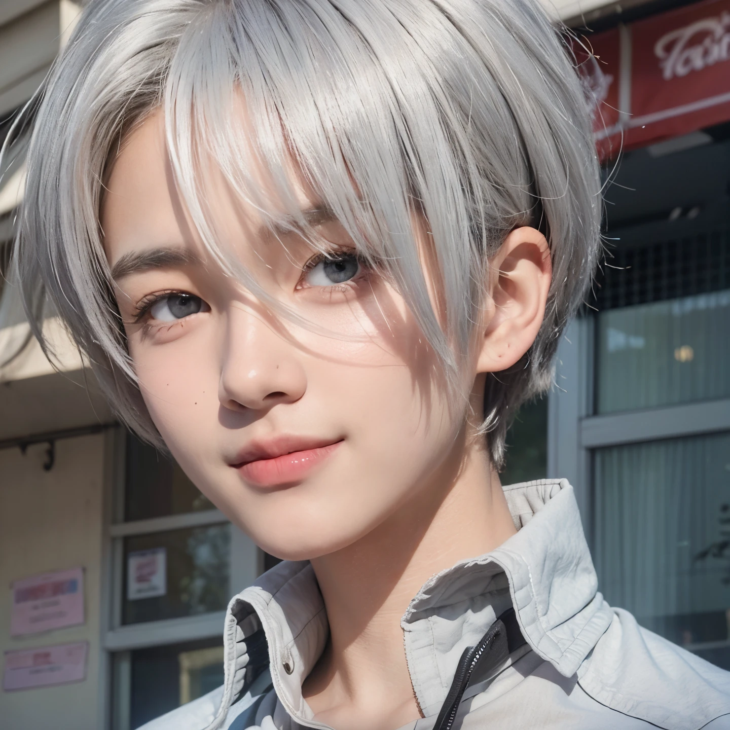 A teenage boy with realistic gray hair, the same realistic hairstyle, realistic handsome face, realistic thin smiling expression, adapt realistic clothes, realistic light, realistic shadows, realistic background,15 years old
