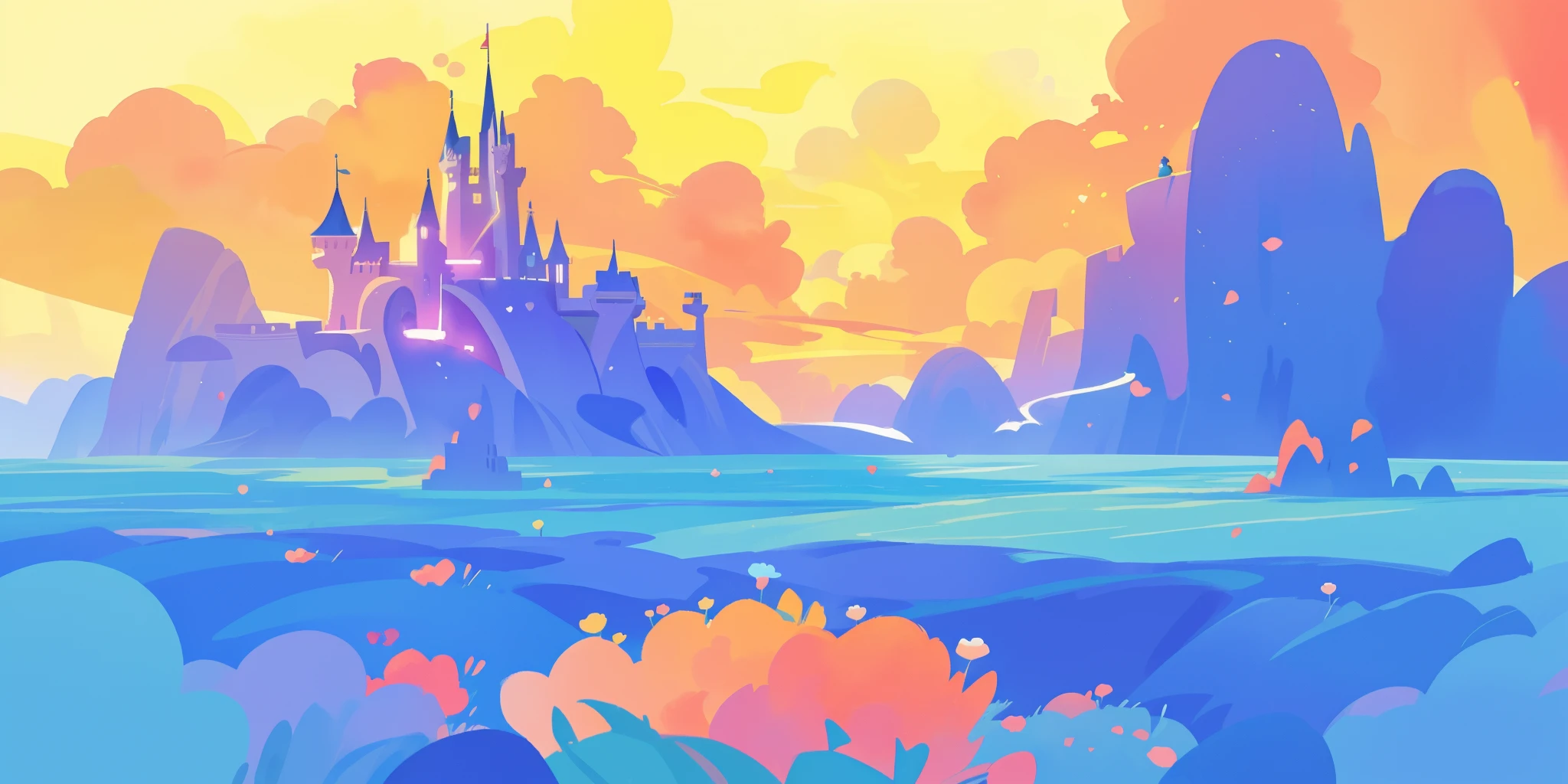 beautiful fantasy landscape, vibrant colors, (((otherworldly landscape))), whimsical landscape, cloud castle, huge clouds, ocean of clouds, watercolor illustration, disney art style, glowing lights, beautiful digital illustration, fantasia otherworldly landscape plants flowers, beautiful, masterpiece, best quality, anime disney style